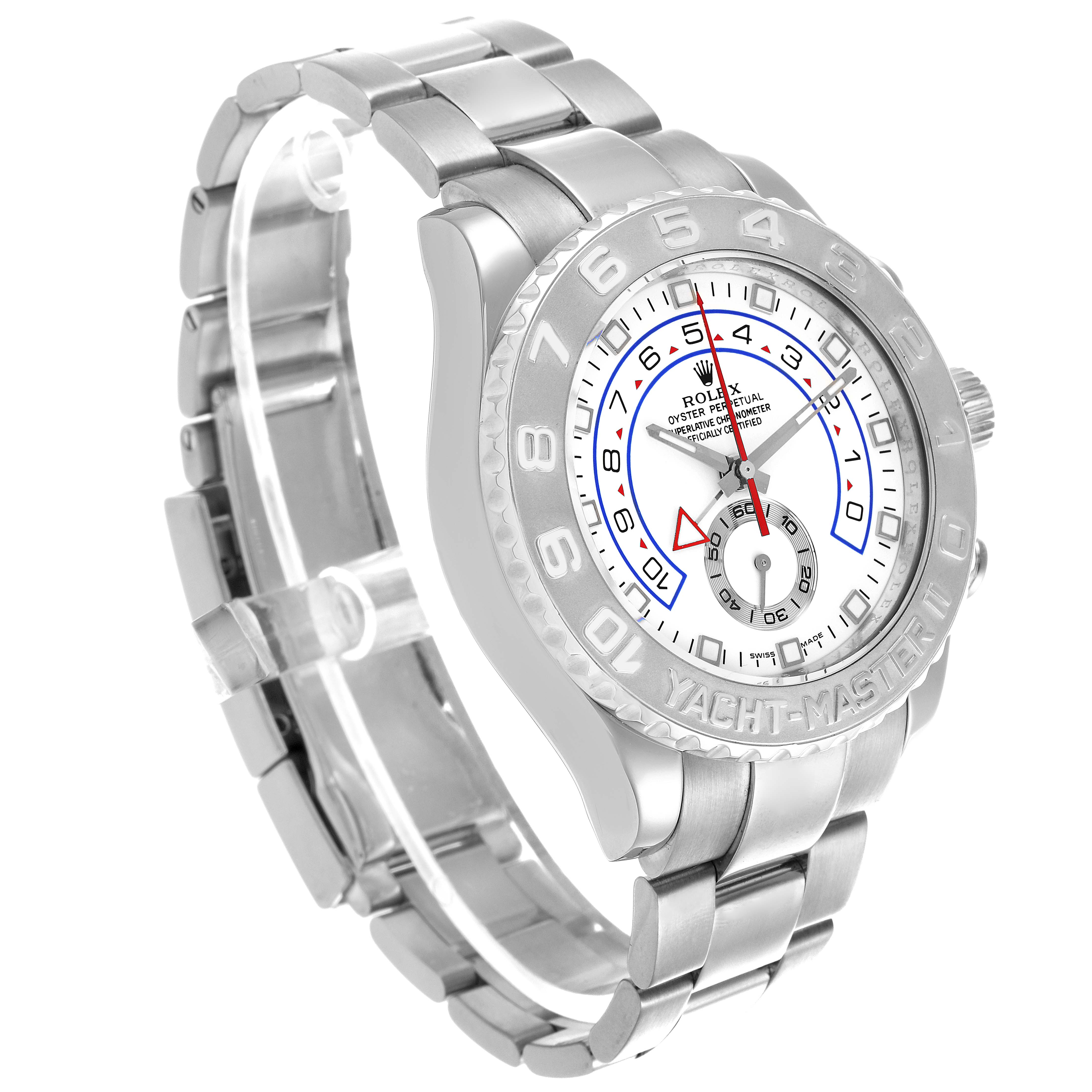The Rolex Yacht-Master 116689 Men
s Platinum White Dial 116689 Men
s Platinum White Dial watch is shown at a three-quarter angle, highlighting the face, bezel, and bracelet.