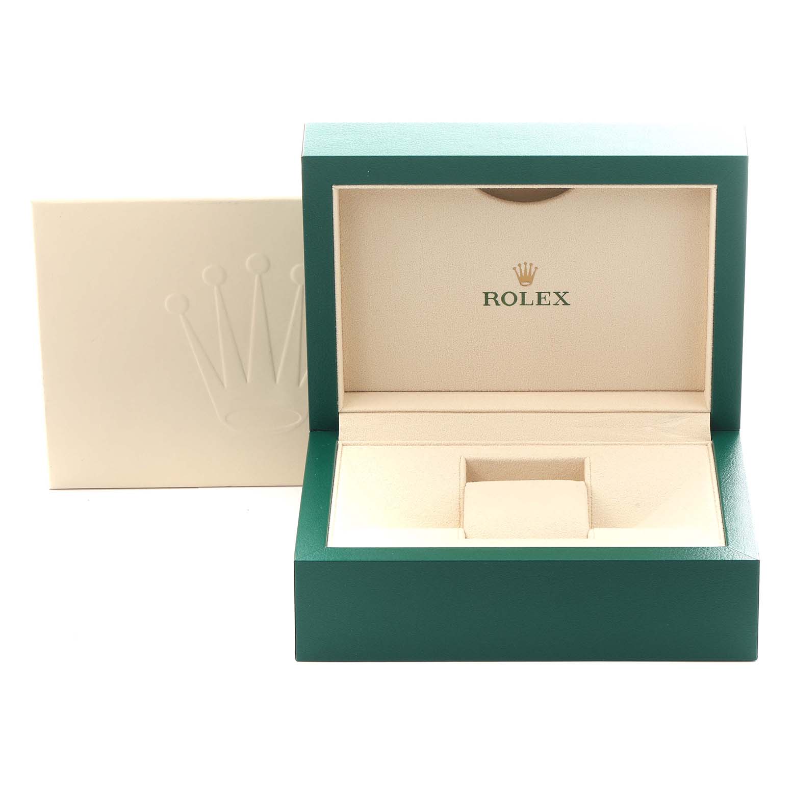 The image shows an open Rolex Yacht-Master 116689 Men
s Platinum White Dial 116689 Men
s Platinum White Dial watch box and its outer packaging, viewed from the front.