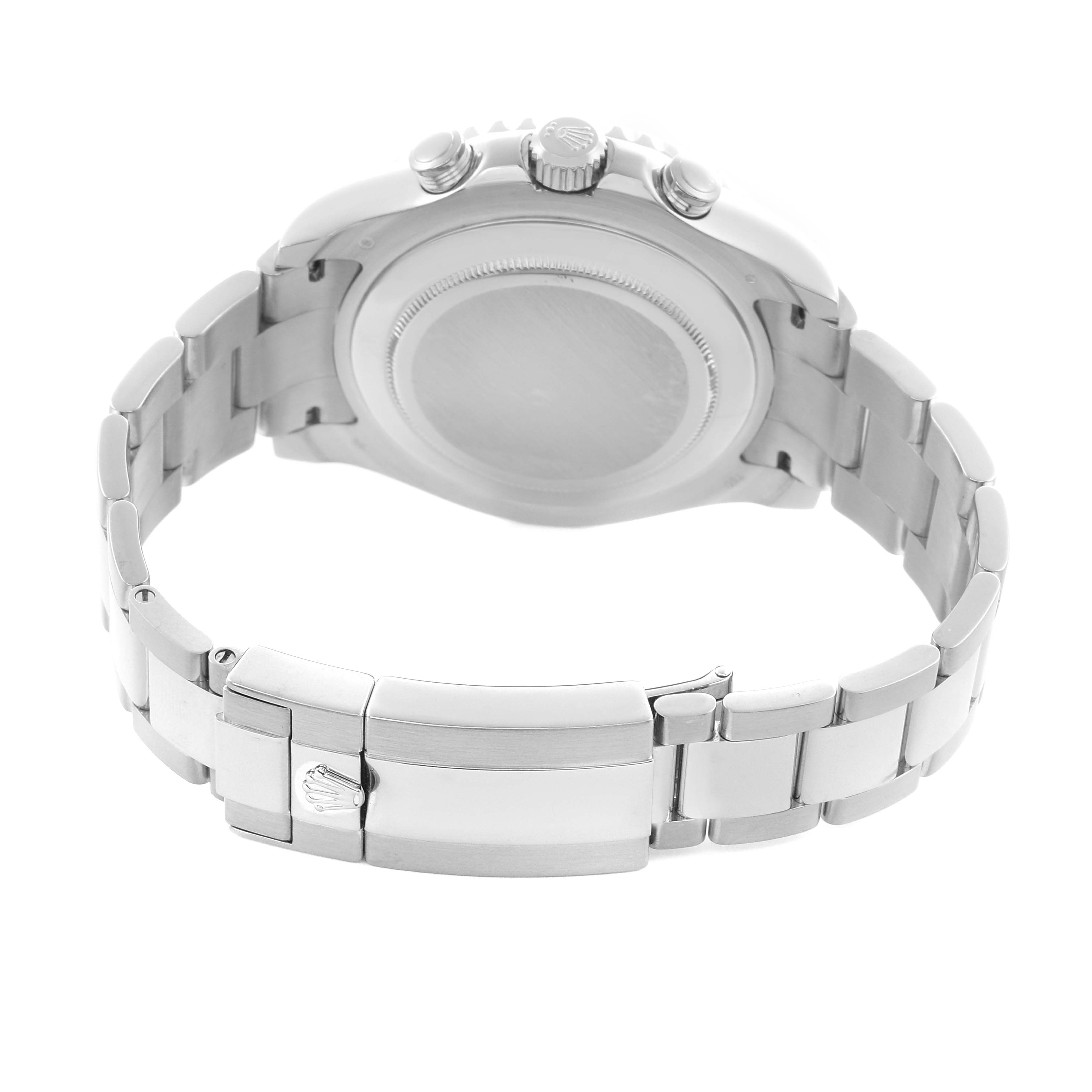 The image shows the back of a Rolex Yacht-Master 116689 Men
s Platinum White Dial 116689 Men
s Platinum White Dial, highlighting the bracelet, clasp, and case back.