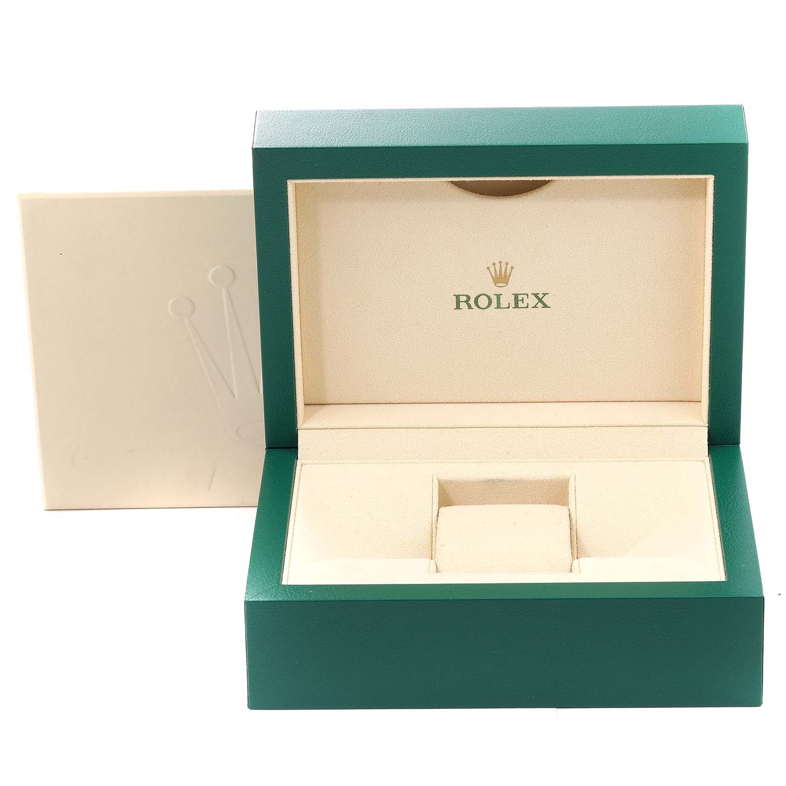 This image shows an open Rolex Yacht-Master 126622 Men
s Stainless Steel Grey Dial 126622 Men
s Stainless Steel Grey Dial watch box and its outer packaging from a front angle.