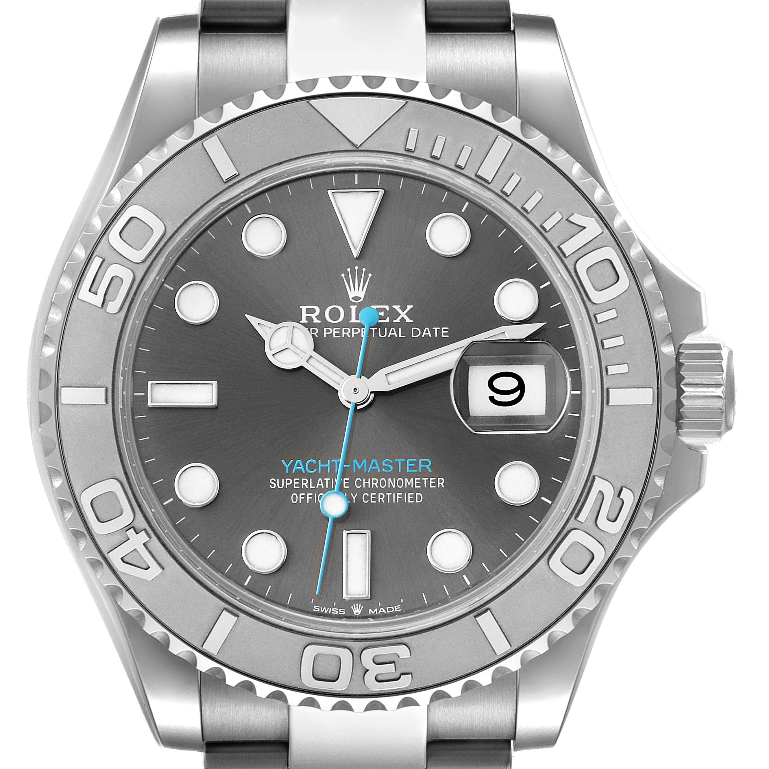 The image shows a front view of the Rolex Yacht-Master 126622 Men
s Stainless Steel Grey Dial 126622 Men
s Stainless Steel Grey Dial watch, highlighting its bezel, dial, and date display.