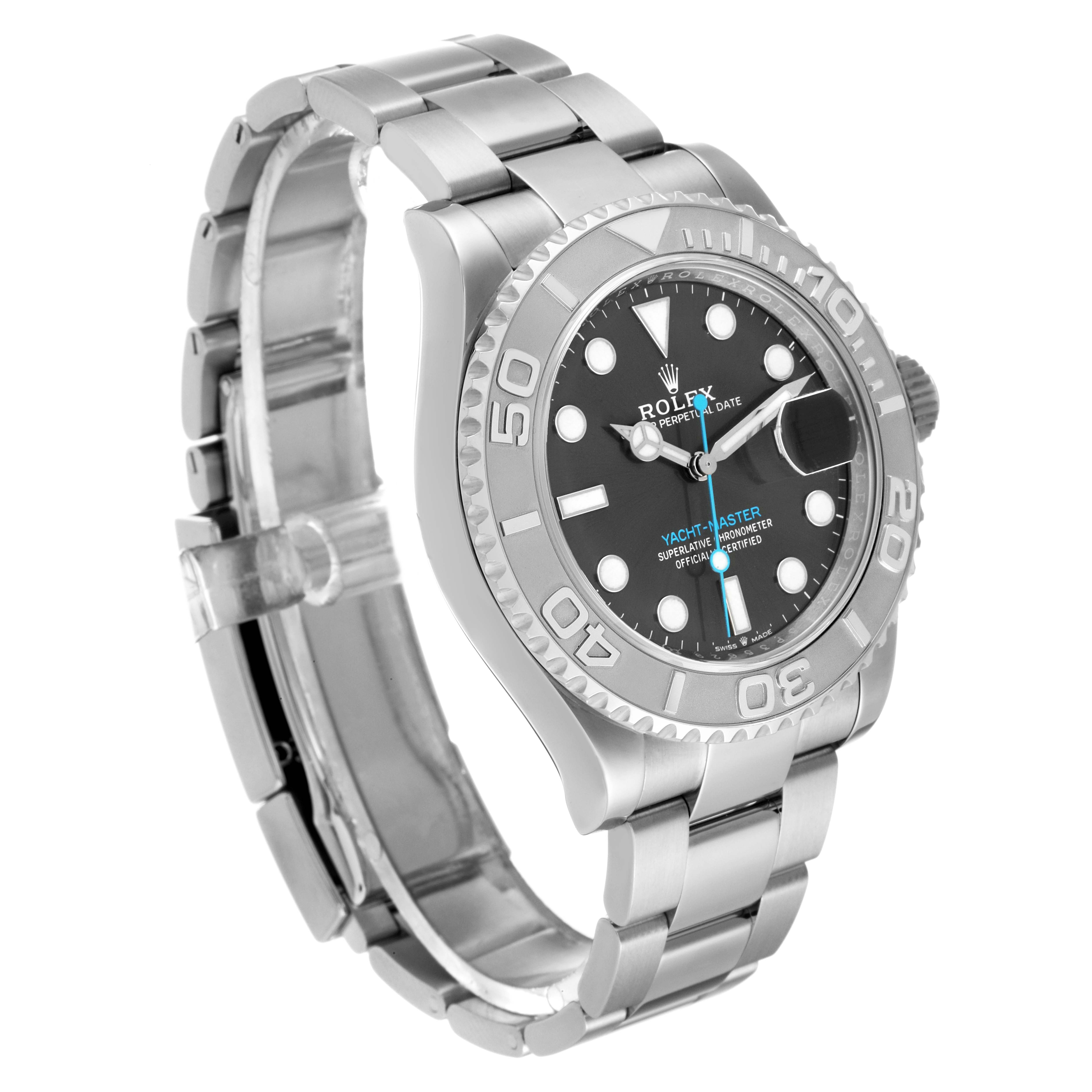 The image shows a side angle view of a Rolex Yacht-Master 126622 Men
s Stainless Steel Grey Dial 126622 Men
s Stainless Steel Grey Dial watch, highlighting its bracelet, bezel, and watch face.