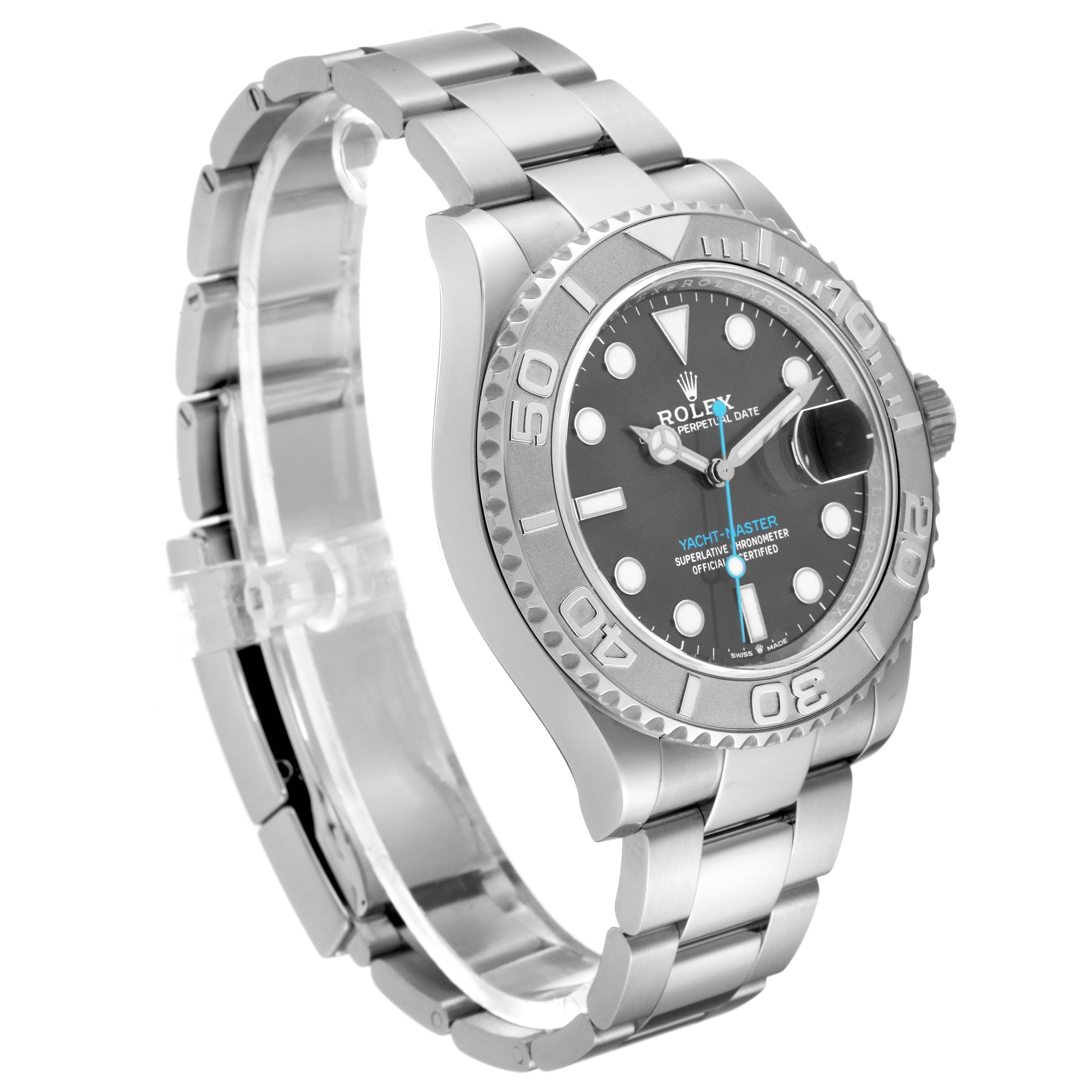 This Rolex Yacht-Master 126622 Men's Stainless Steel Grey Dial 126622 Men's Stainless Steel Grey Dial watch is shown angled from the top right, displaying its face, dial, and bracelet.