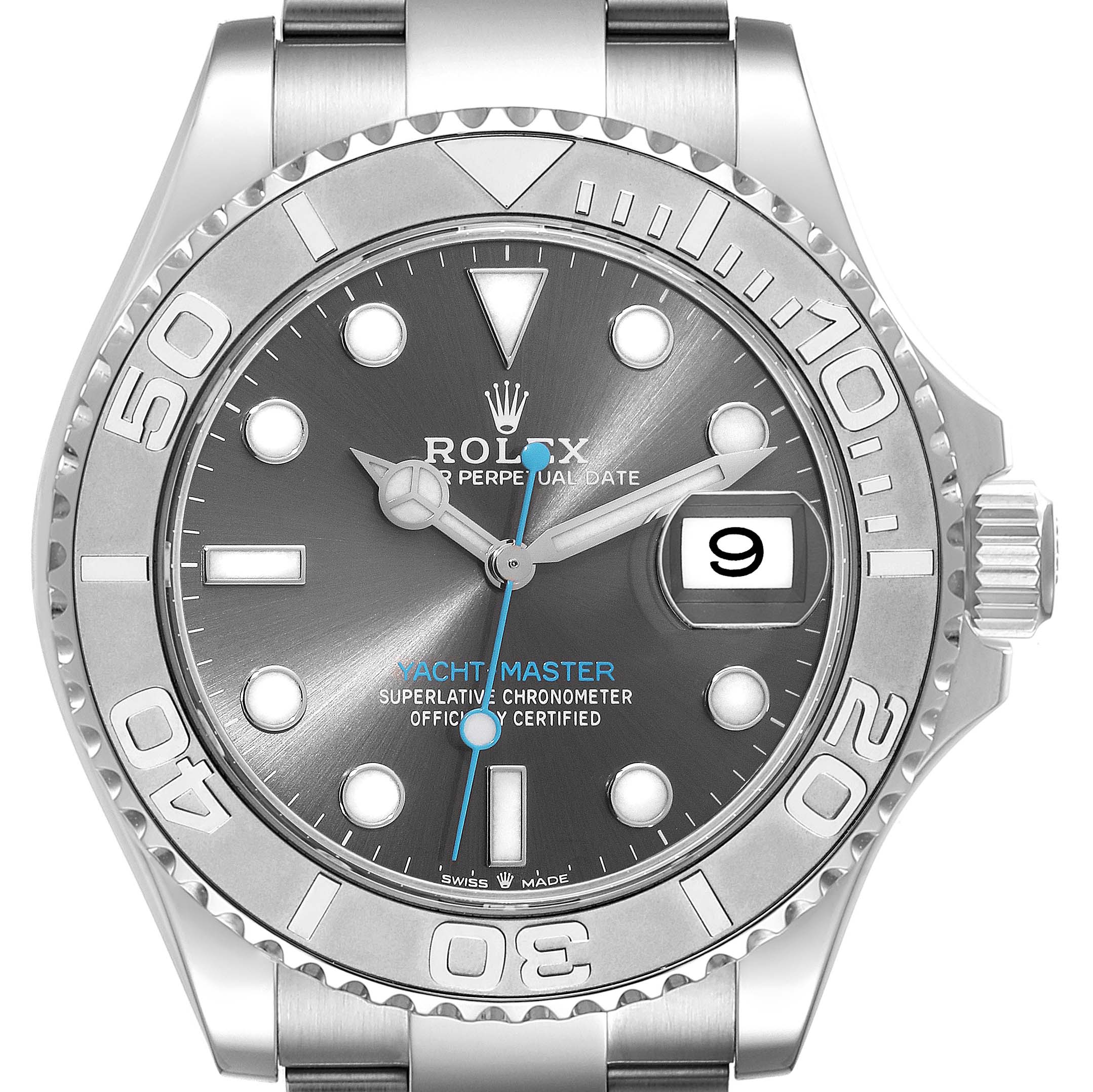 The image shows a front view of a Rolex Yacht-Master 126622 Men's Stainless Steel Grey Dial 126622 Men's Stainless Steel Grey Dial watch displaying its bezel, face, hands, and date window.