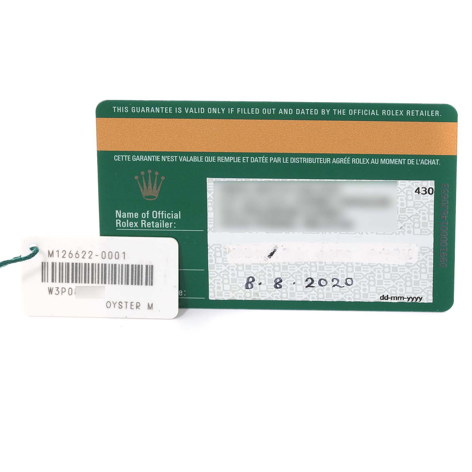 The image shows a guarantee card and a tag for the Rolex Yacht-Master 126622 Men's Stainless Steel Grey Dial 126622 Men's Stainless Steel Grey Dial watch.