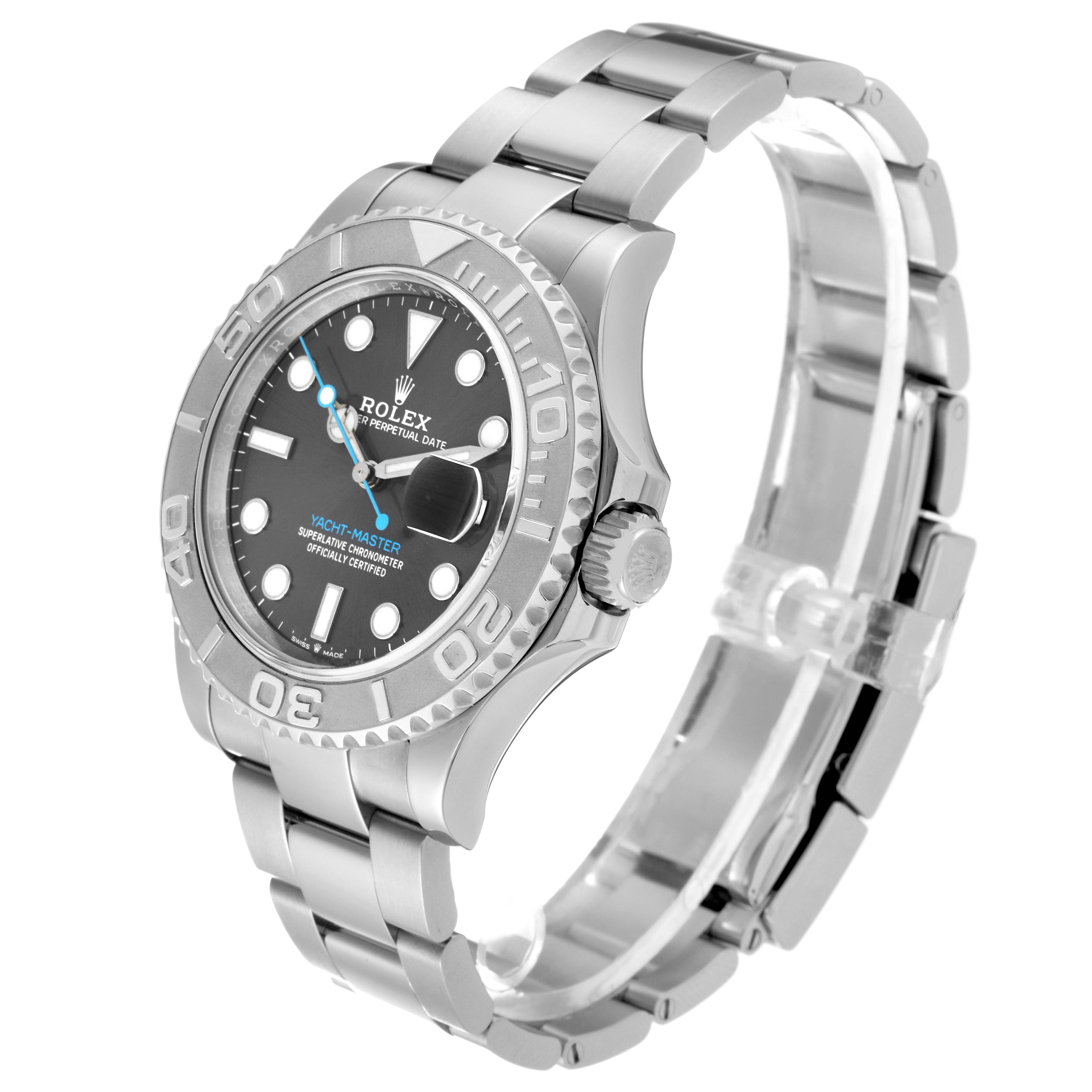 The image shows a side and front view of the Rolex Yacht-Master 126622 Men's Stainless Steel Grey Dial 126622 Men's Stainless Steel Grey Dial watch, highlighting its face, bezel, and bracelet.