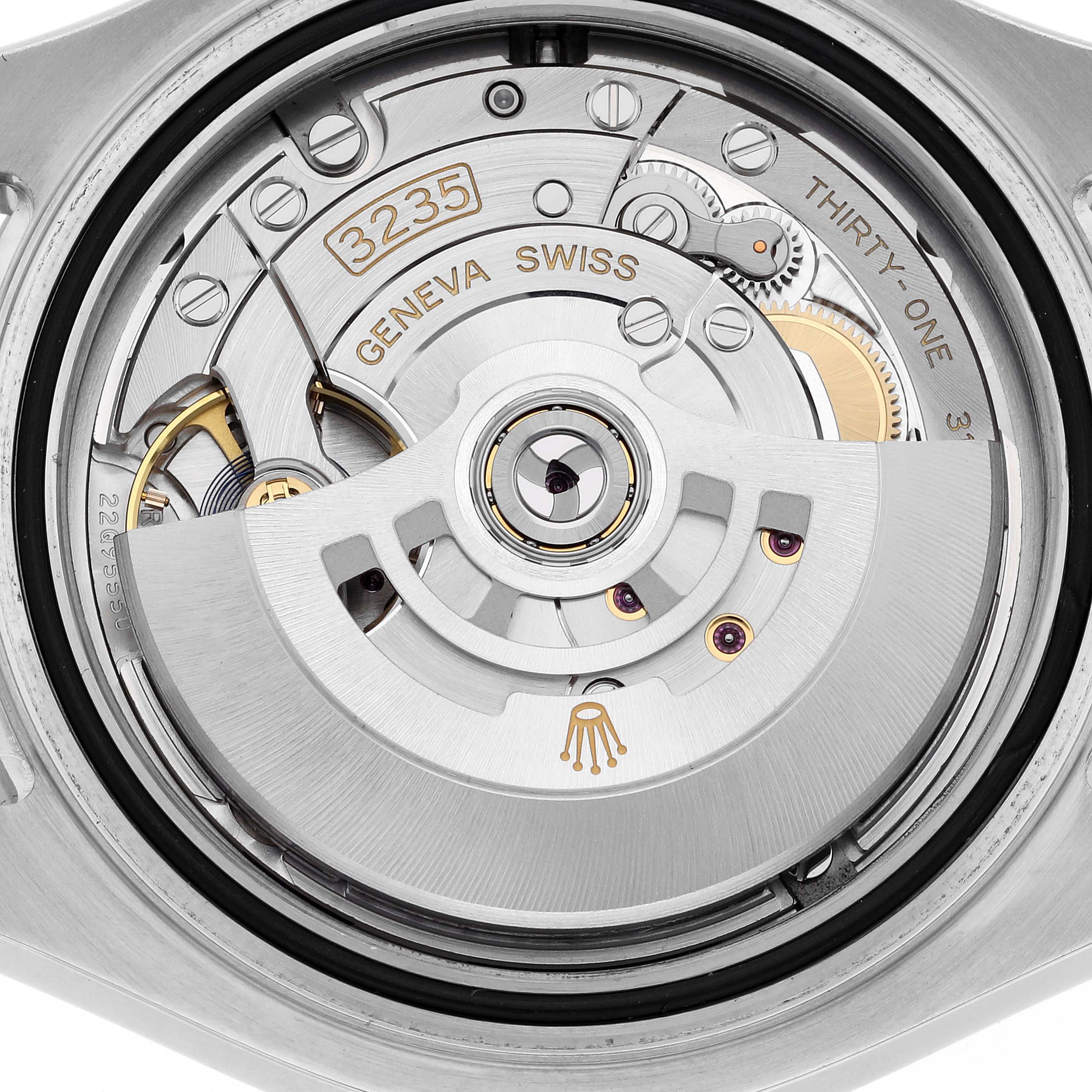 This image shows the internal movement of a Rolex Yacht-Master 126622 Men's Stainless Steel Grey Dial 126622 Men's Stainless Steel Grey Dial watch, focusing on the rotor and mechanical components.