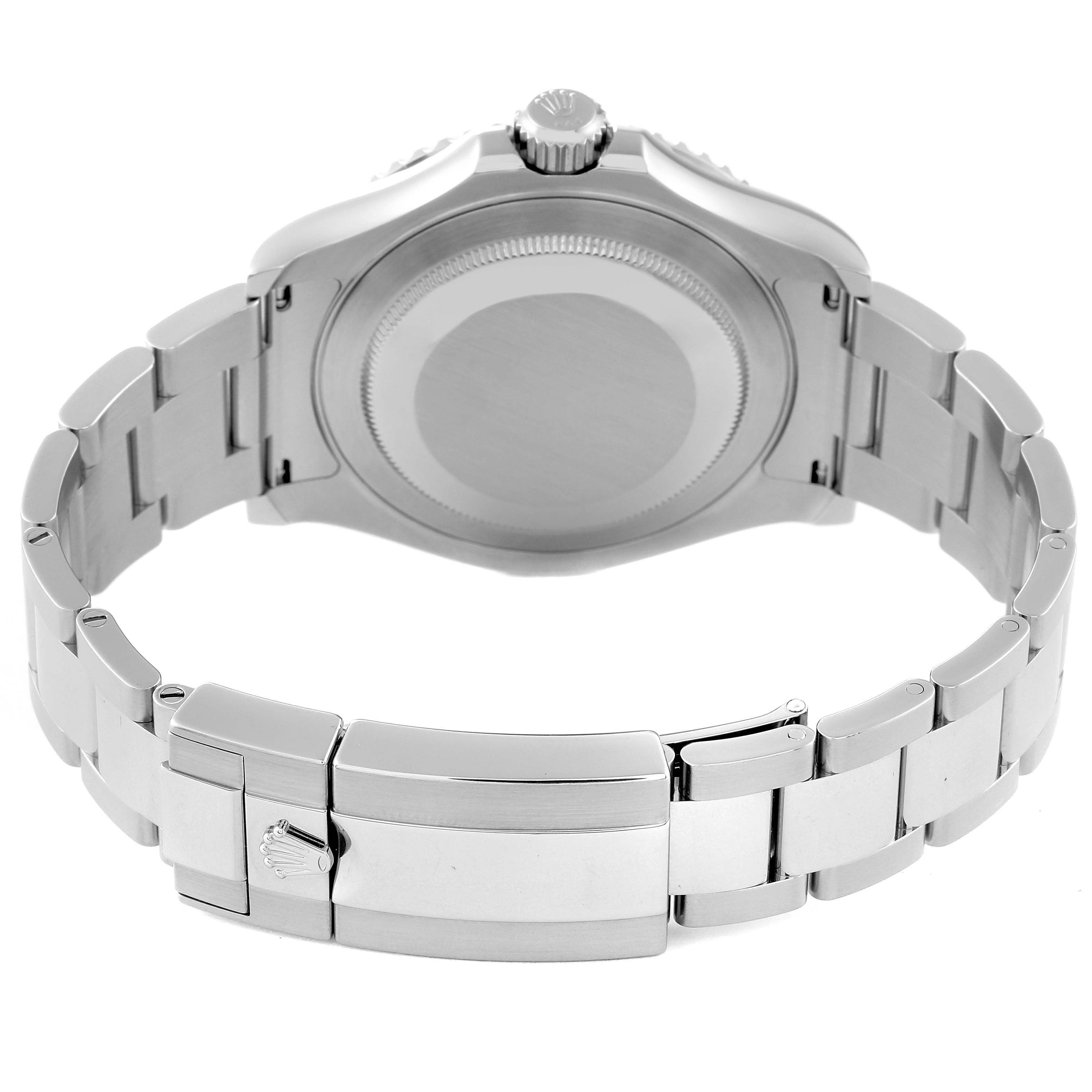 This Rolex Yacht-Master 126622 Men's Stainless Steel Grey Dial 126622 Men's Stainless Steel Grey Dial watch is shown from the back, displaying the case back and the bracelet with the clasp.