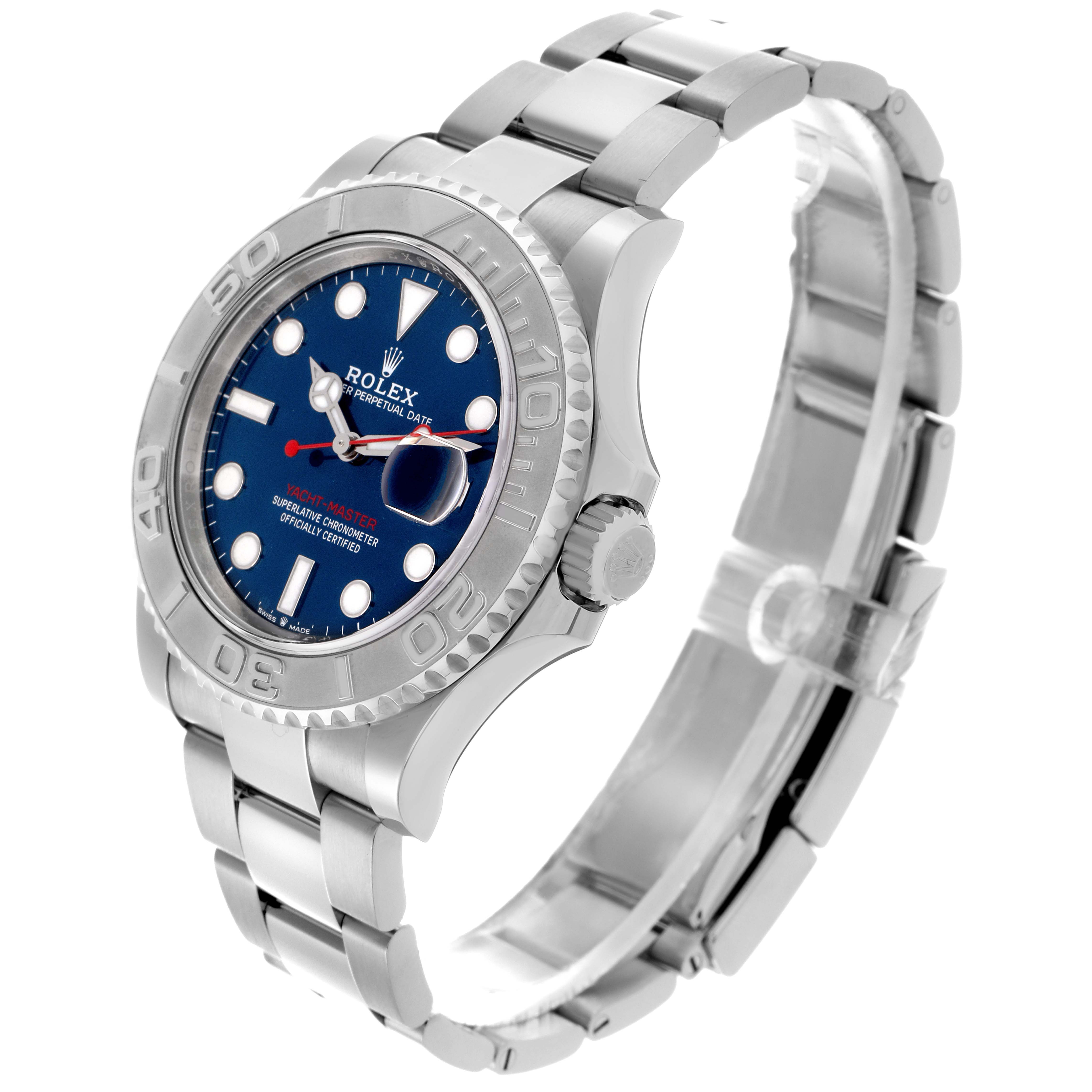 The Rolex Yacht-Master 126622 Men's Stainless Steel Blue Dial 126622 Men's Stainless Steel Blue Dial watch is shown at a three-quarter angle, displaying the dial, bezel, case, crown, and bracelet.