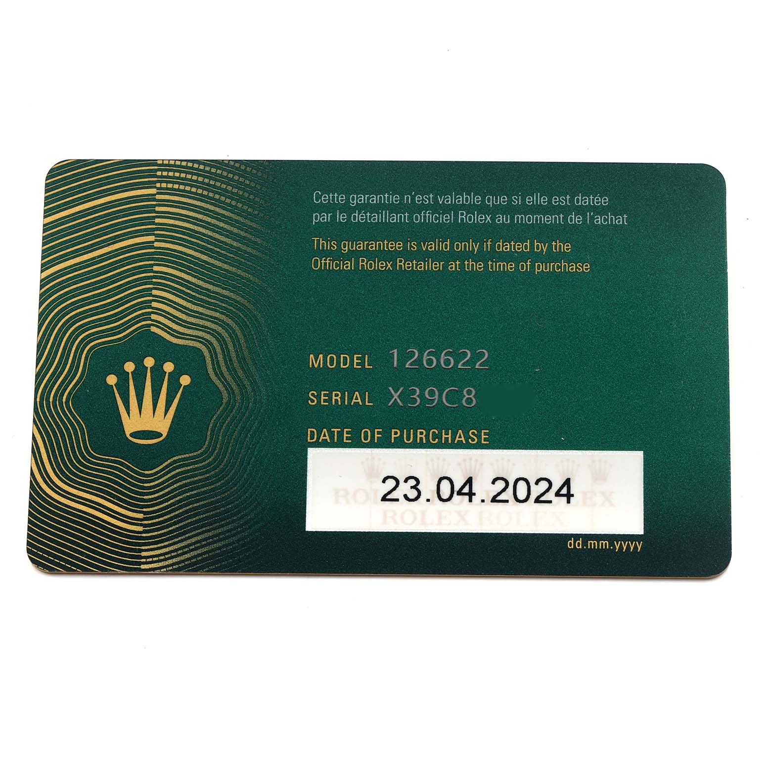 The image shows a Rolex guarantee card for the Yacht-Master model, displaying model and serial numbers.