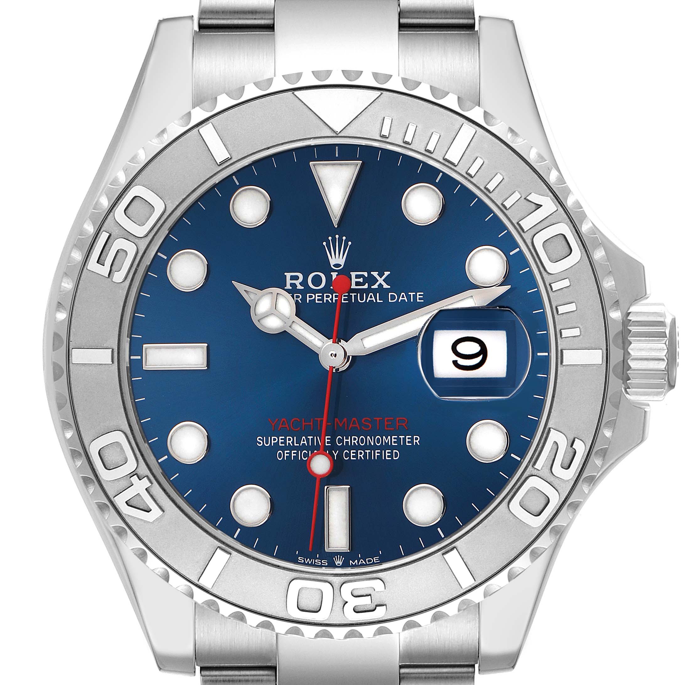 The Rolex Yacht-Master 126622 Men's Stainless Steel Blue Dial 126622 Men's Stainless Steel Blue Dial watch is shown from a front angle, displaying the dial, hands, bezel, and bracelet.