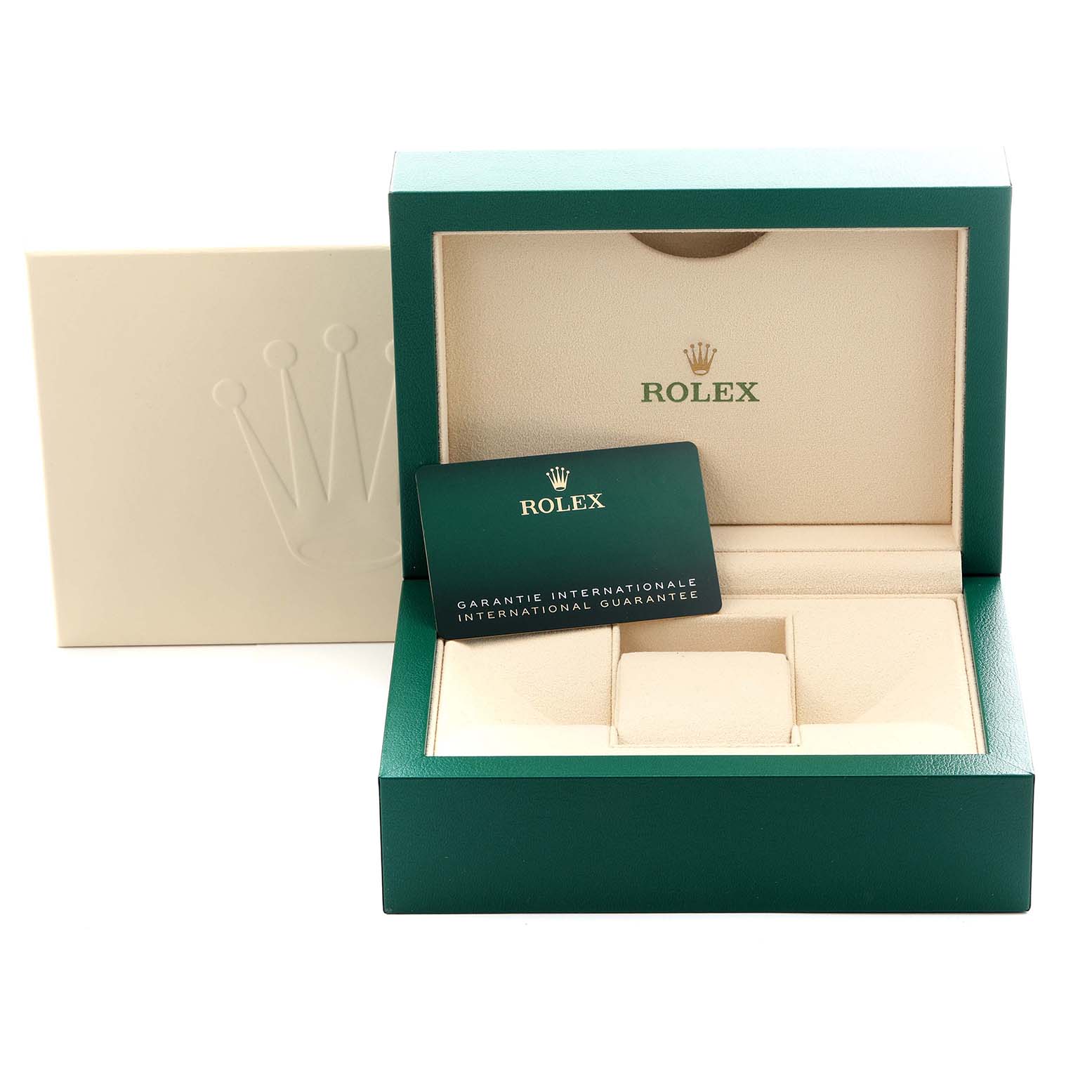 The image shows an open Rolex Yacht-Master 126622 Men's Stainless Steel Blue Dial 126622 Men's Stainless Steel Blue Dial box with a warranty card, viewed from the front.