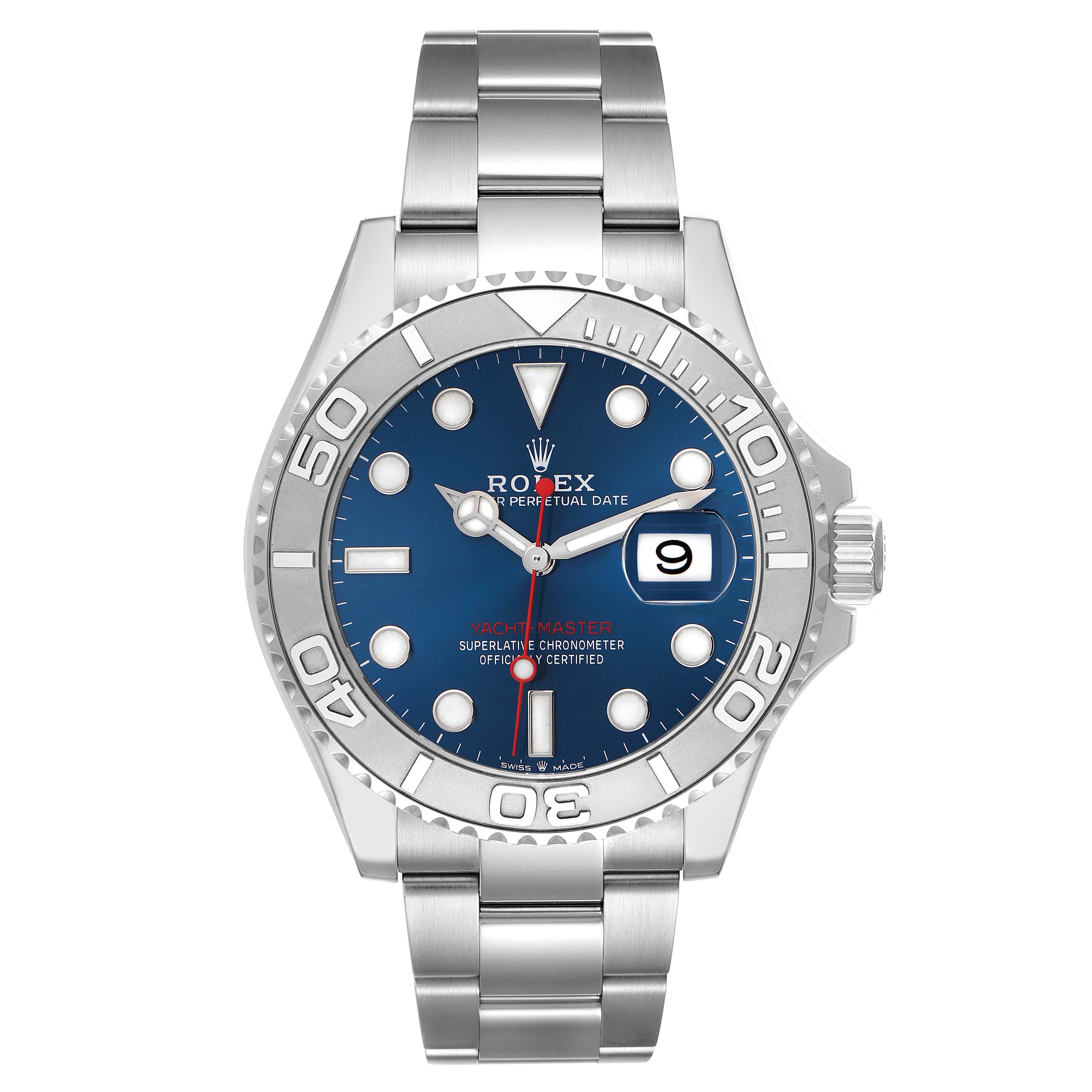The Rolex Yacht-Master 126622 Men's Stainless Steel Blue Dial 126622 Men's Stainless Steel Blue Dial watch is shown from the front, displaying the dial, bezel, and part of the bracelet.