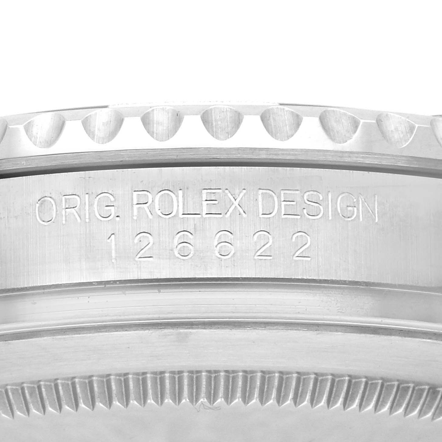 The image shows the side view of a Rolex Yacht-Master 126622 Men's Stainless Steel Blue Dial 126622 Men's Stainless Steel Blue Dial watch, highlighting the engraved model number and design details.