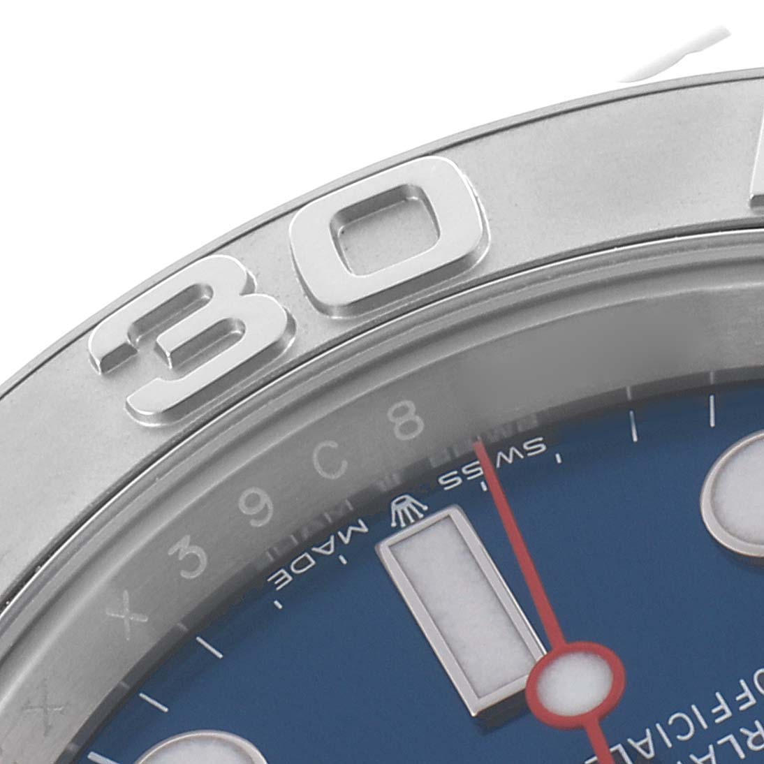 The image shows a close-up of the bezel and part of the dial of a Rolex Yacht-Master 126622 Men's Stainless Steel Blue Dial 126622 Men's Stainless Steel Blue Dial, highlighting the "30" mark.