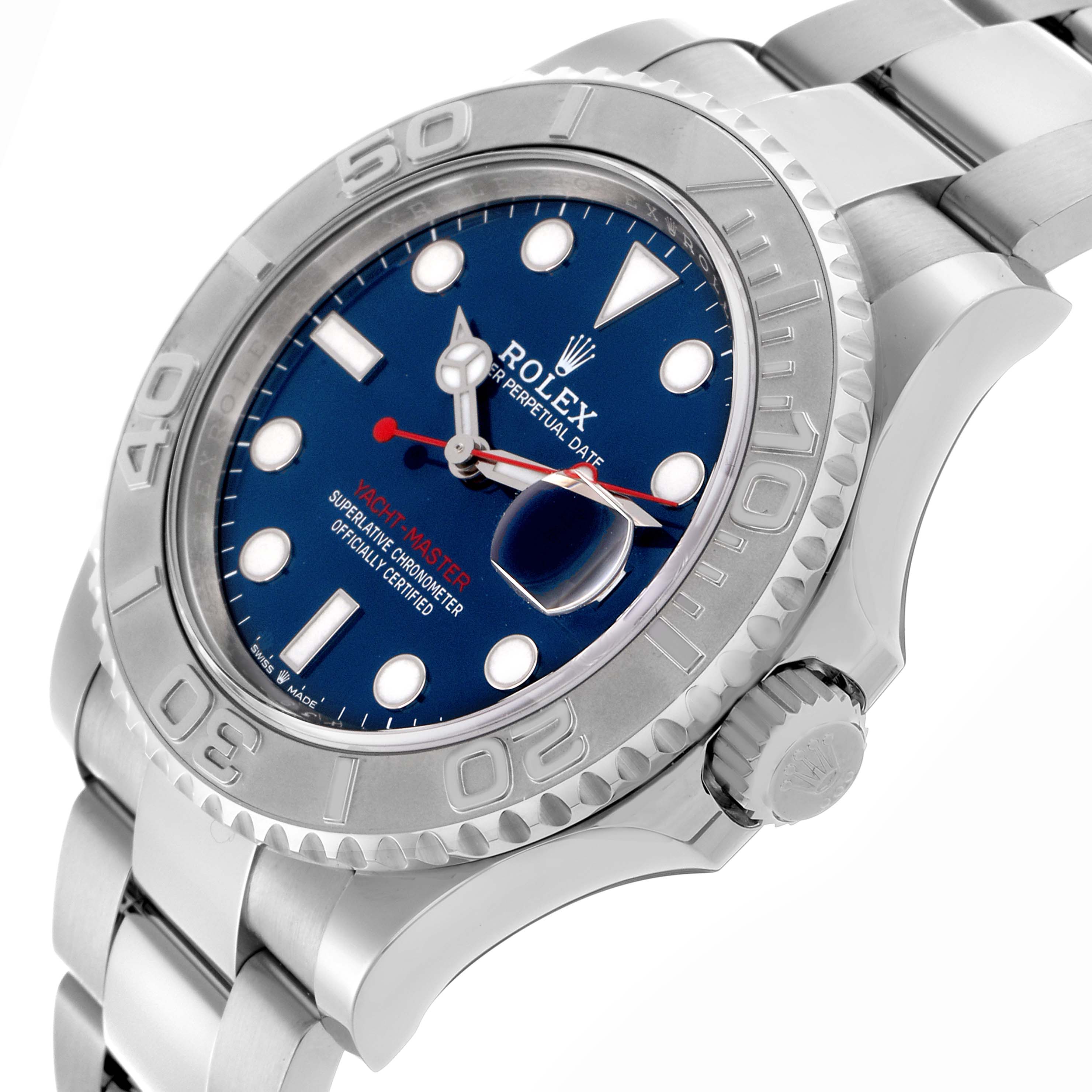 The Rolex Yacht-Master 126622 Men's Stainless Steel Blue Dial 126622 Men's Stainless Steel Blue Dial is shown at an angle, highlighting the bezel, blue dial, crown, and part of the bracelet.
