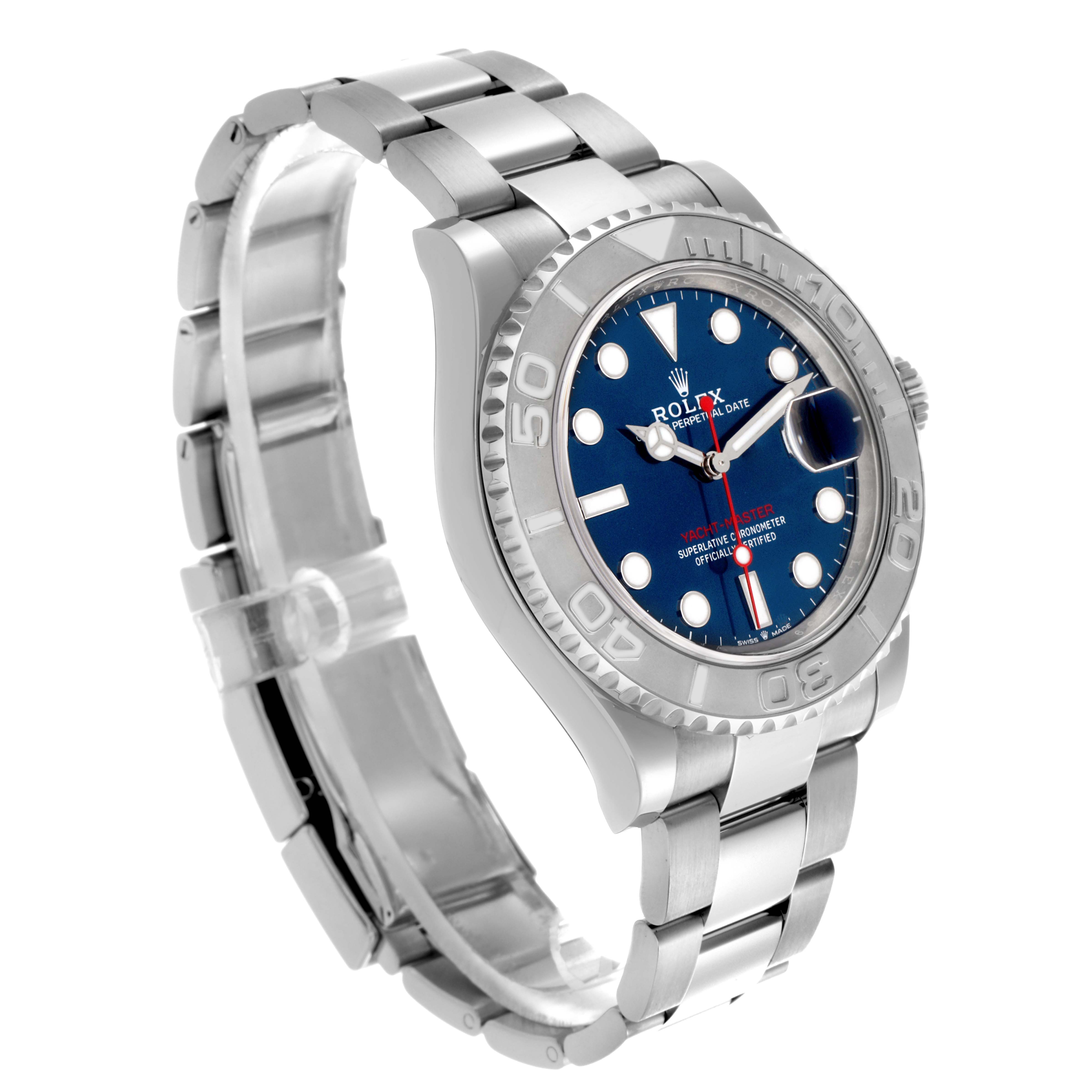 The Rolex Yacht-Master 126622 Men's Stainless Steel Blue Dial 126622 Men's Stainless Steel Blue Dial watch is shown at a side angle, highlighting the bracelet, case, bezel, and crown.