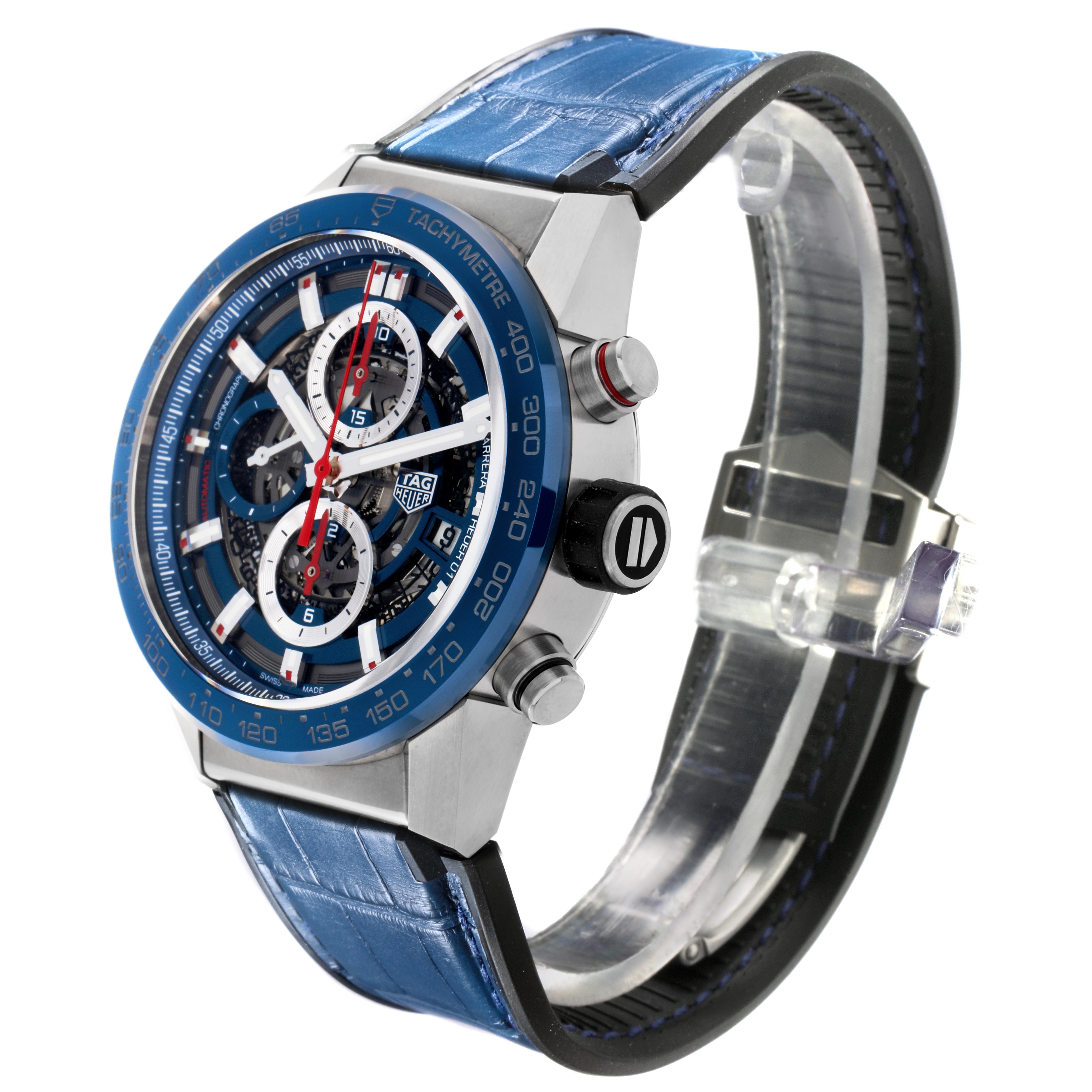 The Tag Heuer Carrera CAR201T.FC6406 Men
s Stainless Steel Blue Dial CAR201T.FC6406 Men
s Stainless Steel Blue Dial watch is shown in a three-quarter view highlighting the face, bezel, crown, and blue strap.