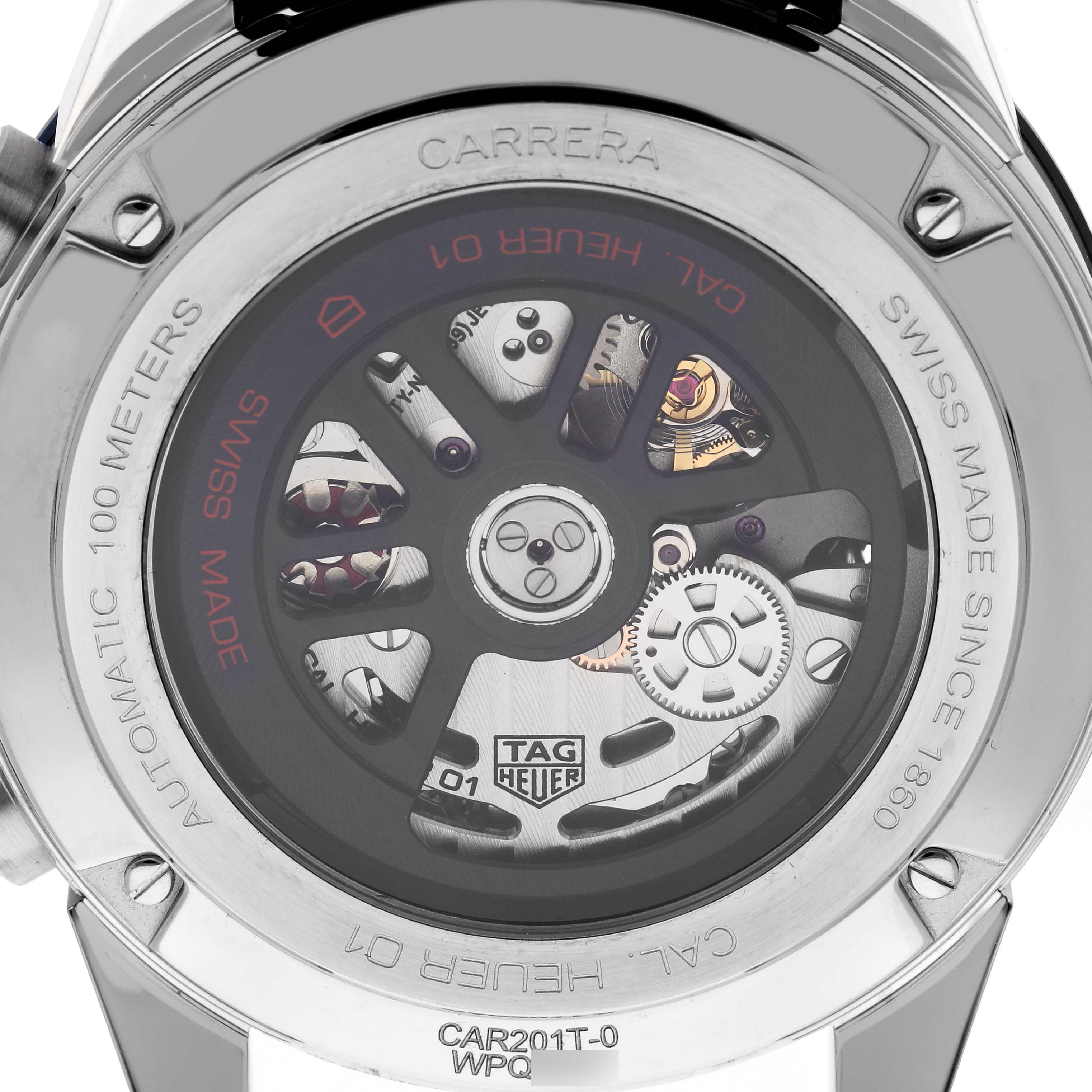 The image shows the back view of the Tag Heuer Carrera CAR201T.FC6406 Men
s Stainless Steel Blue Dial CAR201T.FC6406 Men
s Stainless Steel Blue Dial watch, highlighting its exposed automatic movement.