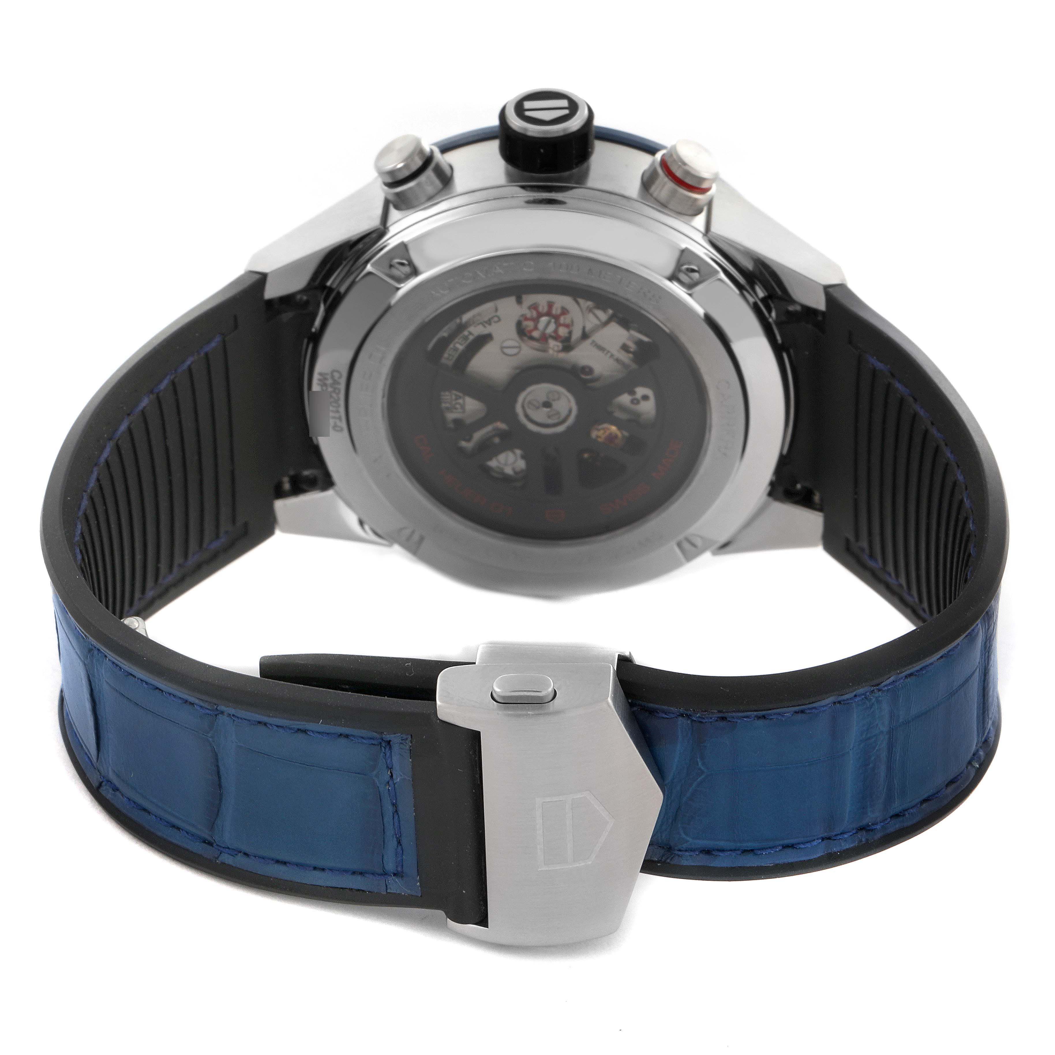 The image shows the back view of a Tag Heuer Carrera CAR201T.FC6406 Men
s Stainless Steel Blue Dial CAR201T.FC6406 Men
s Stainless Steel Blue Dial, including the case back, strap, and clasp.