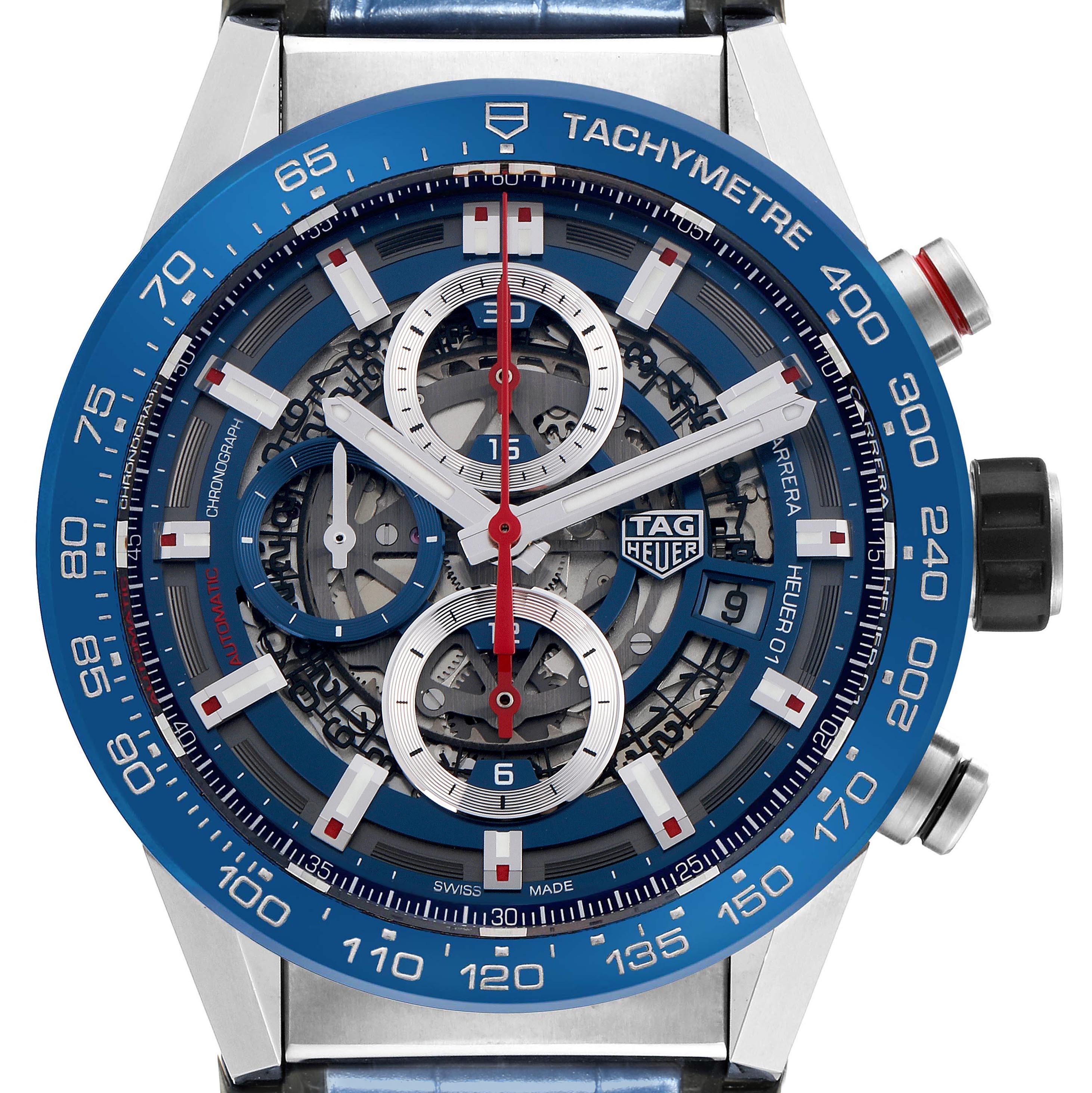 The Tag Heuer Carrera CAR201T.FC6406 Men
s Stainless Steel Blue Dial CAR201T.FC6406 Men
s Stainless Steel Blue Dial watch is shown from a front angle, displaying the face, tachymeter, and chronograph subdials.