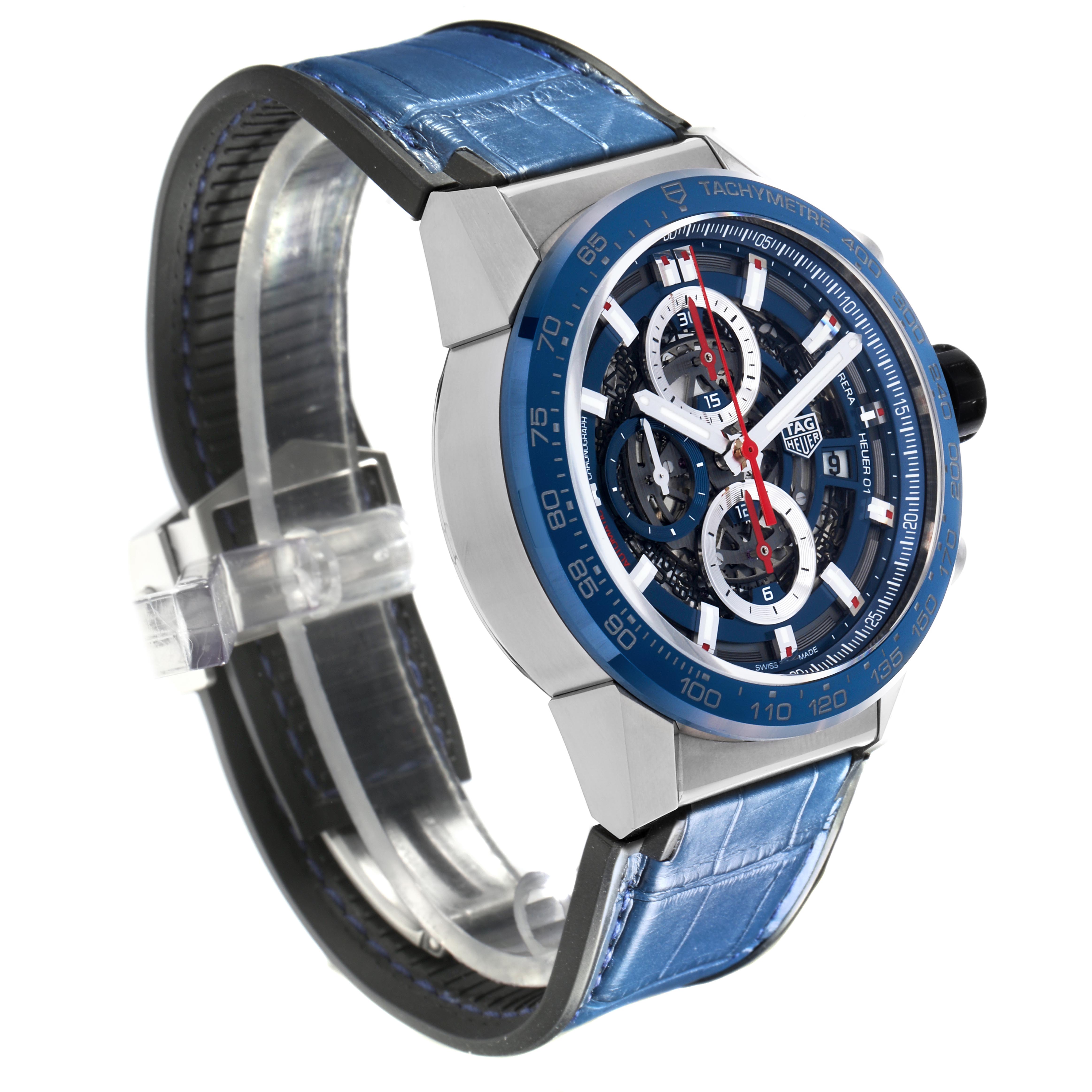 The Tag Heuer Carrera CAR201T.FC6406 Men
s Stainless Steel Blue Dial CAR201T.FC6406 Men
s Stainless Steel Blue Dial watch is shown at a three-quarter angle, highlighting the dial, bezel, case, and blue leather strap.