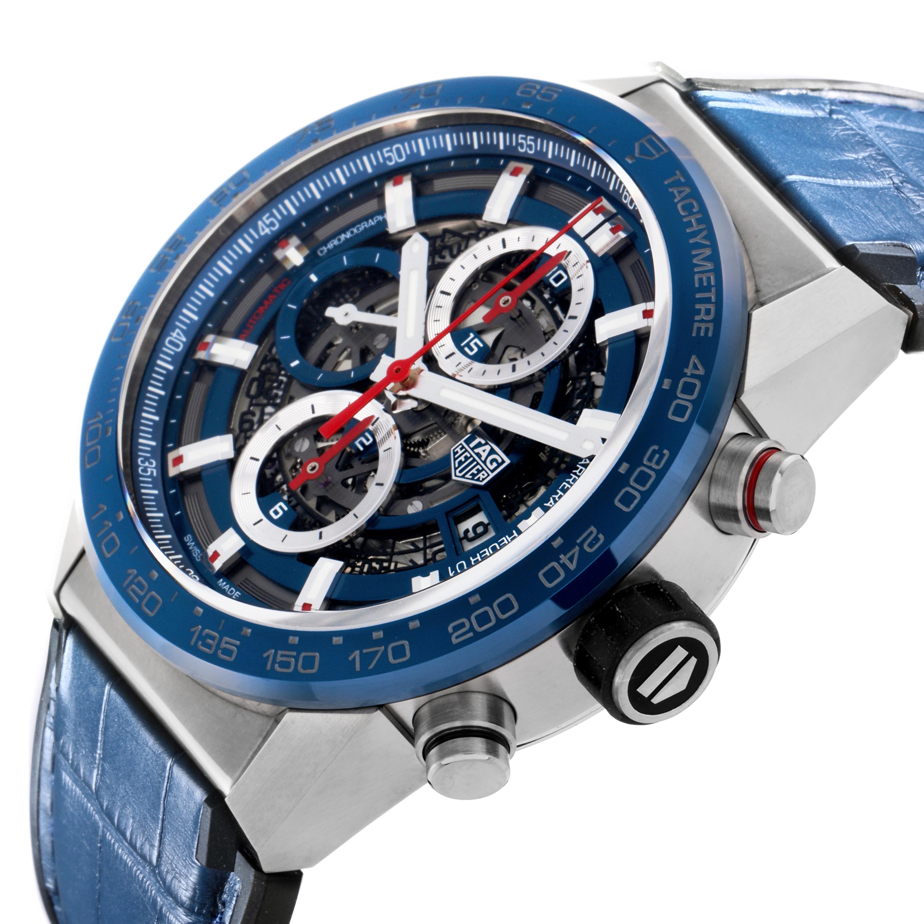 The Tag Heuer Carrera CAR201T.FC6406 Men
s Stainless Steel Blue Dial CAR201T.FC6406 Men
s Stainless Steel Blue Dial watch is shown at an angle highlighting the blue tachymeter bezel, skeleton dial, and chronograph pushers.