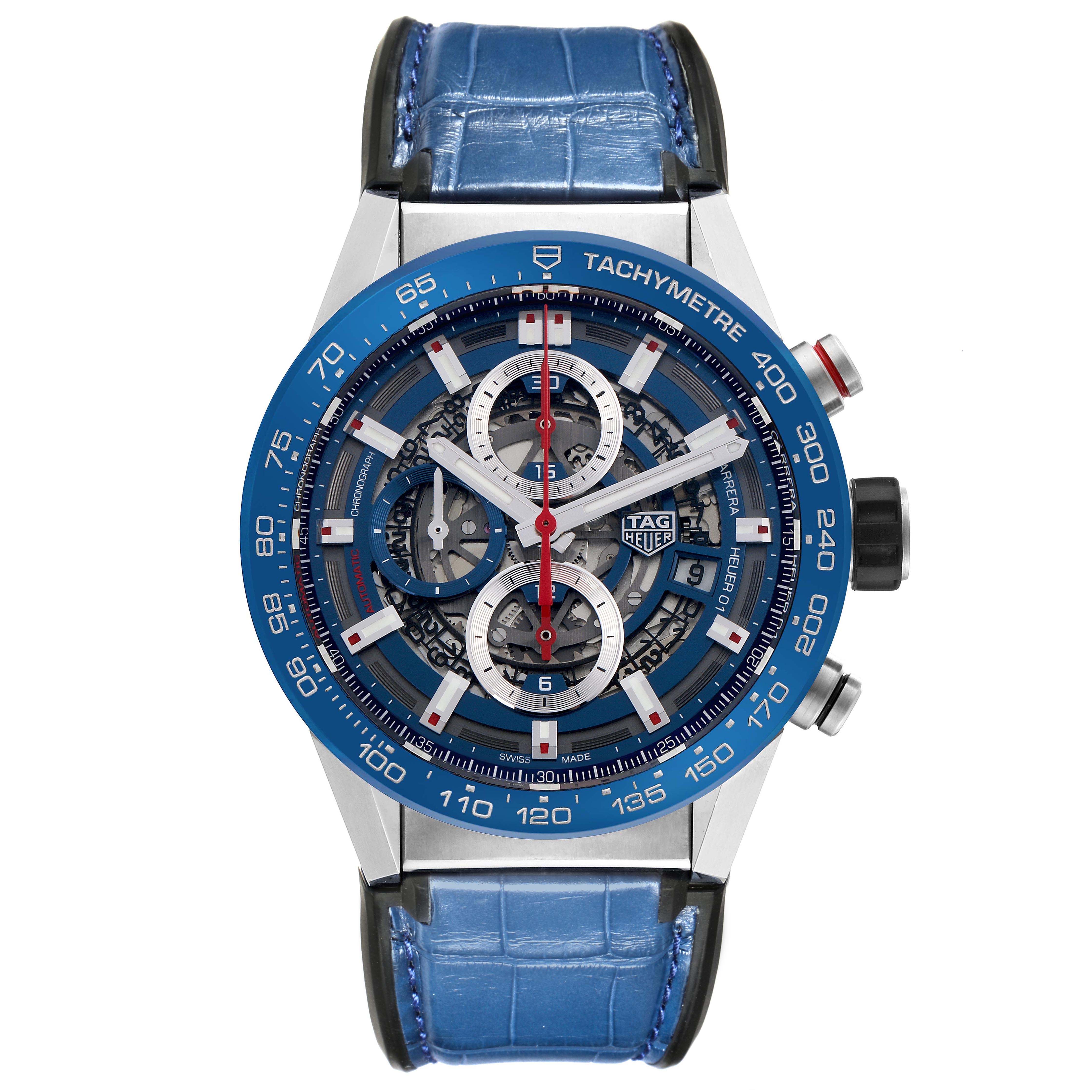The Tag Heuer Carrera CAR201T.FC6406 Men
s Stainless Steel Blue Dial CAR201T.FC6406 Men
s Stainless Steel Blue Dial watch is shown from a front angle, highlighting the face, bezel, and blue strap.