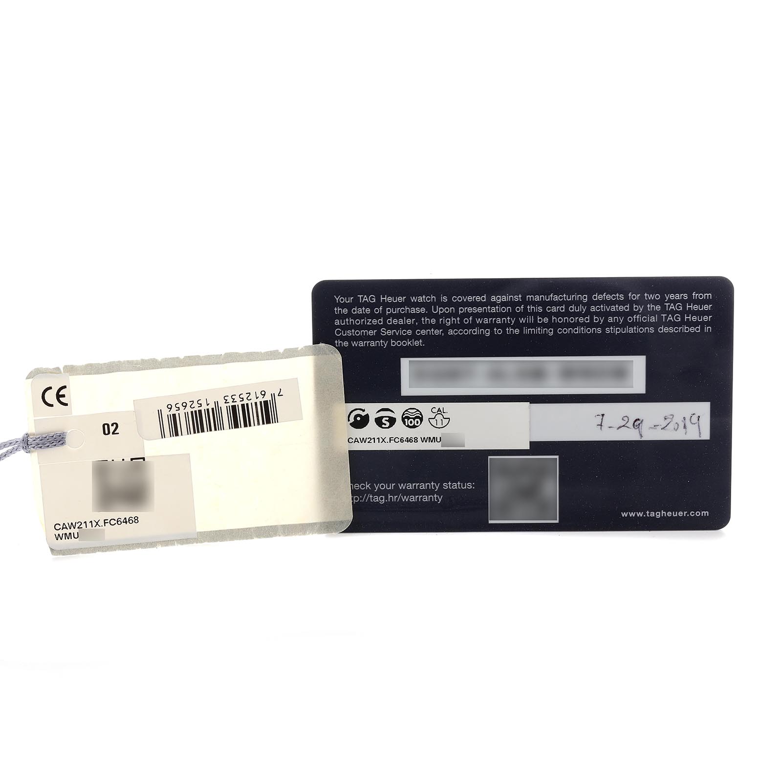 The image shows warranty and identification cards for the Tag Heuer Monaco CAW211X.FC6468 Men's Stainless Steel Grey Dial CAW211X.FC6468 Men's Stainless Steel Grey Dial watch model, displaying text and barcodes.