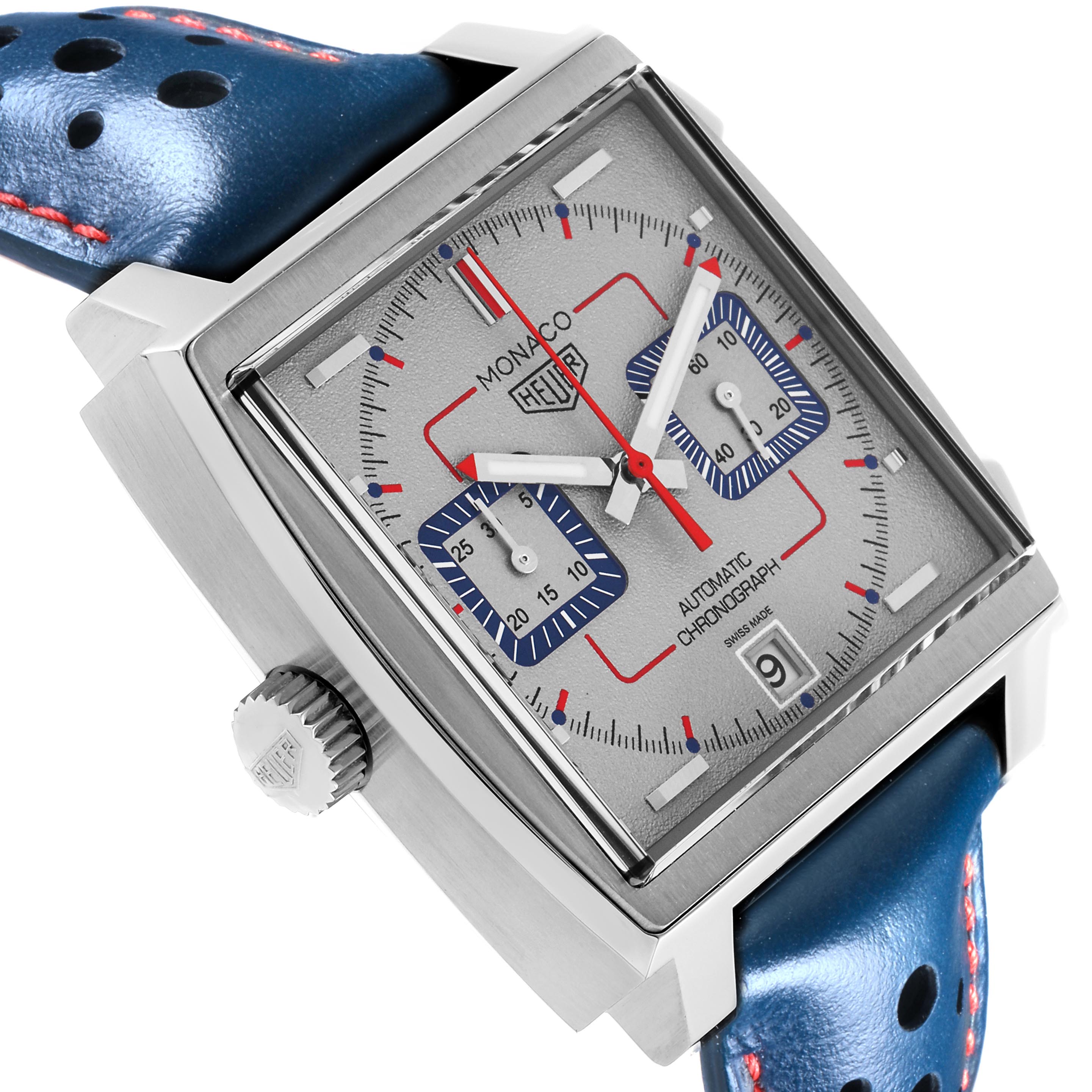 The Tag Heuer Monaco CAW211X.FC6468 Men's Stainless Steel Grey Dial CAW211X.FC6468 Men's Stainless Steel Grey Dial watch is shown from an angled side view, highlighting its square face and crown with blue leather strap.