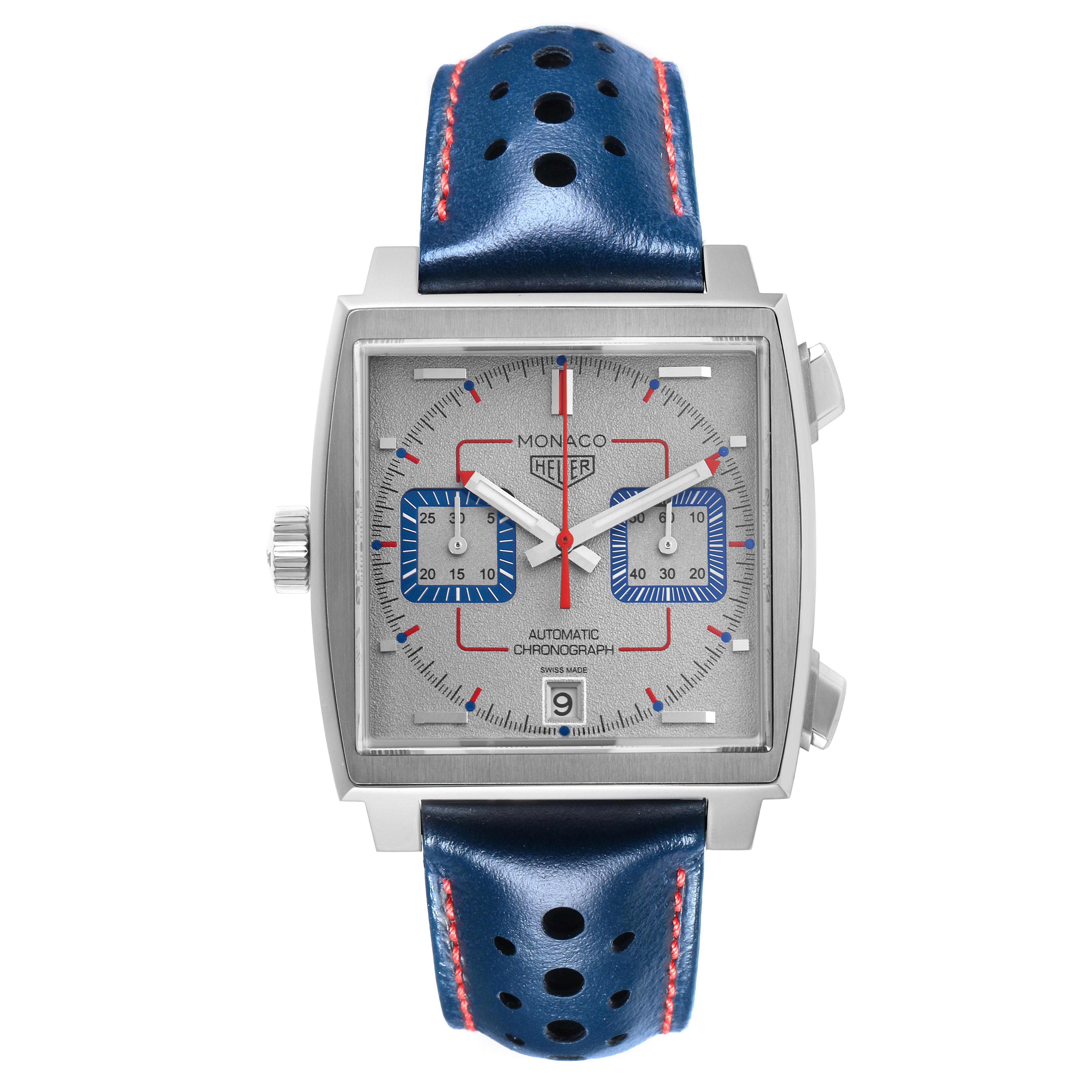 The Tag Heuer Monaco CAW211X.FC6468 Men's Stainless Steel Grey Dial CAW211X.FC6468 Men's Stainless Steel Grey Dial watch is shown from the front, displaying its square face, dials, and blue perforated strap.