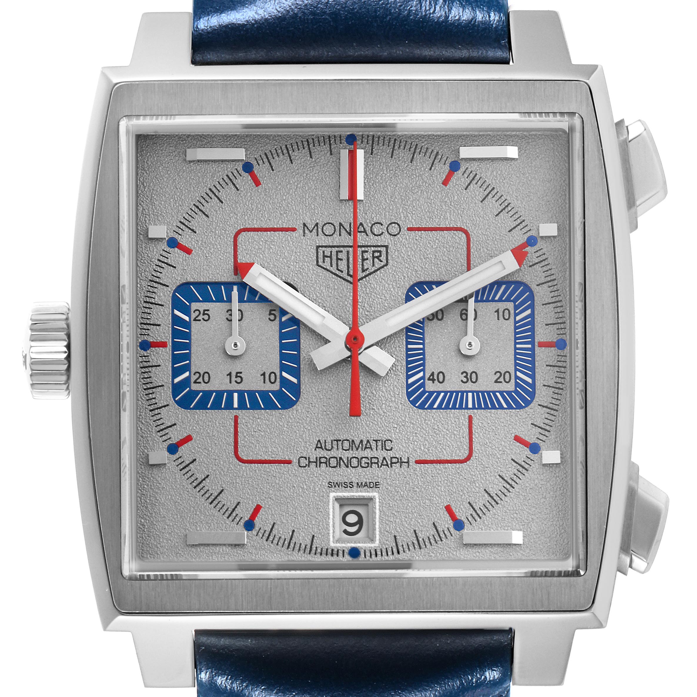 The Tag Heuer Monaco CAW211X.FC6468 Men's Stainless Steel Grey Dial CAW211X.FC6468 Men's Stainless Steel Grey Dial watch is shown in a straight-on angle, displaying its square dial, subdials, and blue strap.