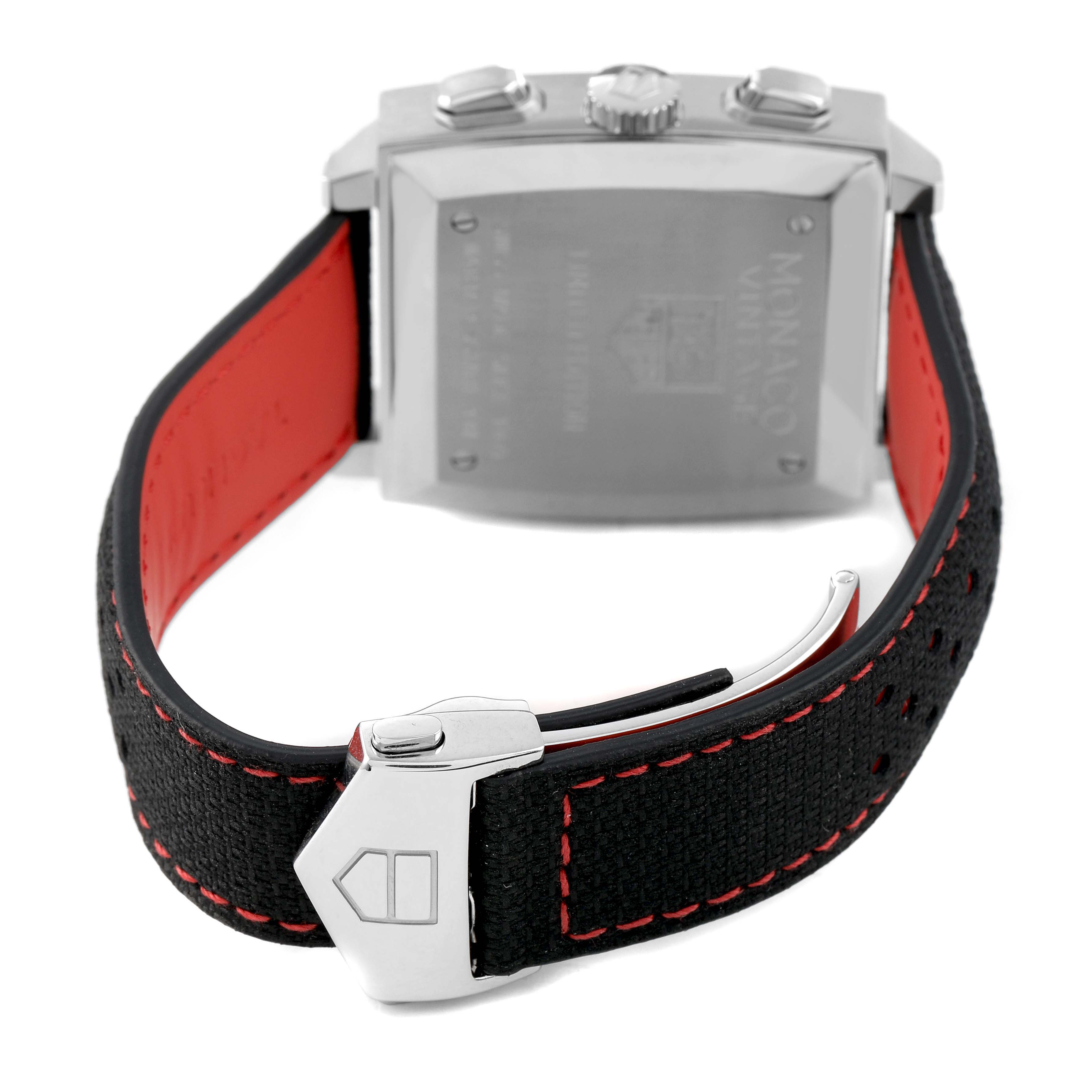 The image shows the back and clasp of the Tag Heuer Monaco Limited Edition watch, with details of the strap and buckle.