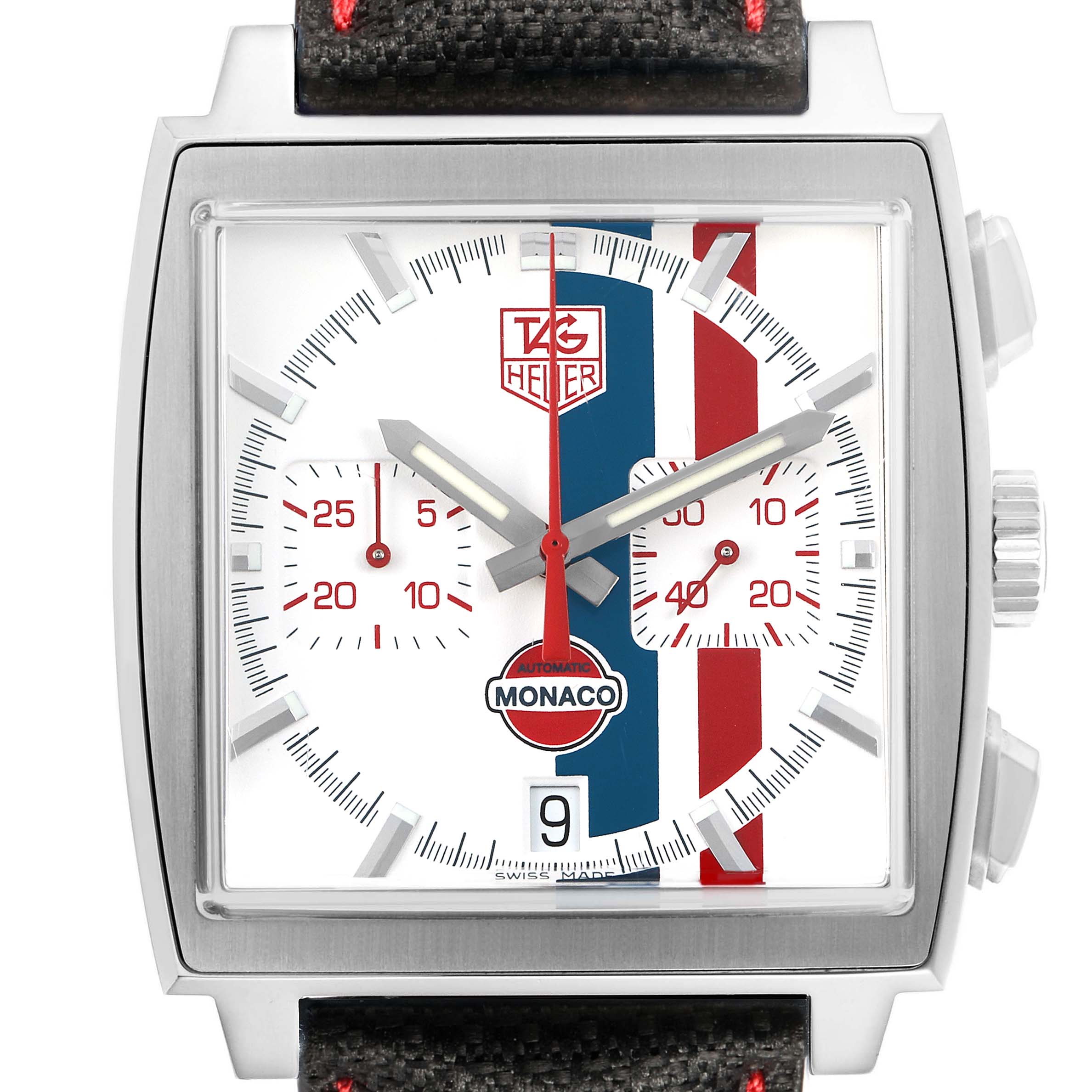 The image shows a frontal view of the Tag Heuer Monaco Limited Edition watch, highlighting the dial and case details.