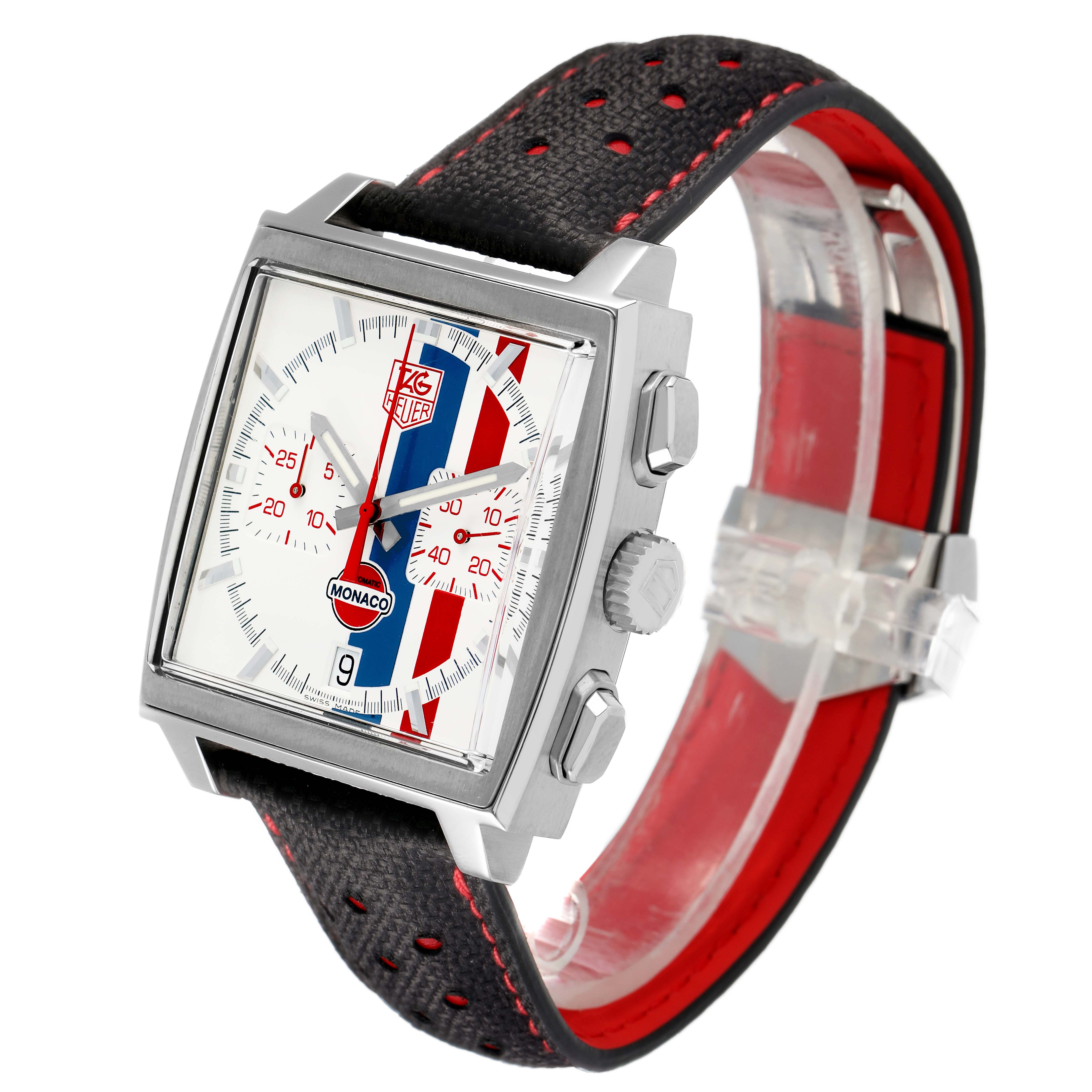 The Tag Heuer Limited Edition CW2118.FC6207 Men's Stainless Steel White Dial model is shown at an angled side view, highlighting the face, bezel, strap, and push buttons.