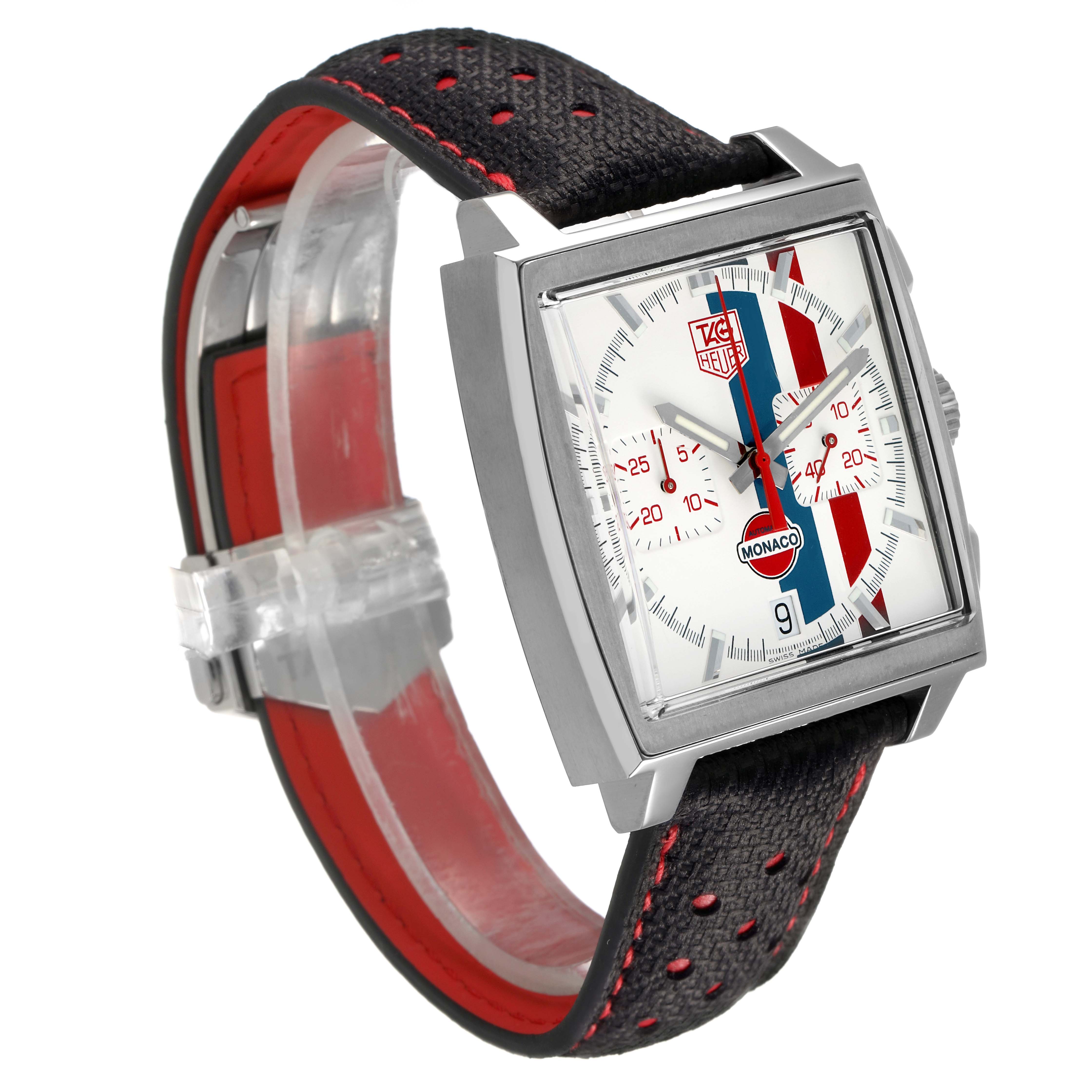 The Tag Heuer Monaco Limited Edition watch is shown at a slight angle, featuring its square face and perforated band.