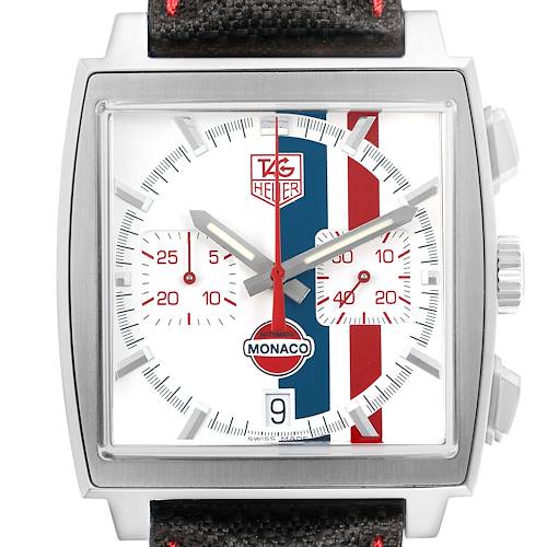 The image shows a front view of the Tag Heuer Monaco Limited Edition watch face and strap.