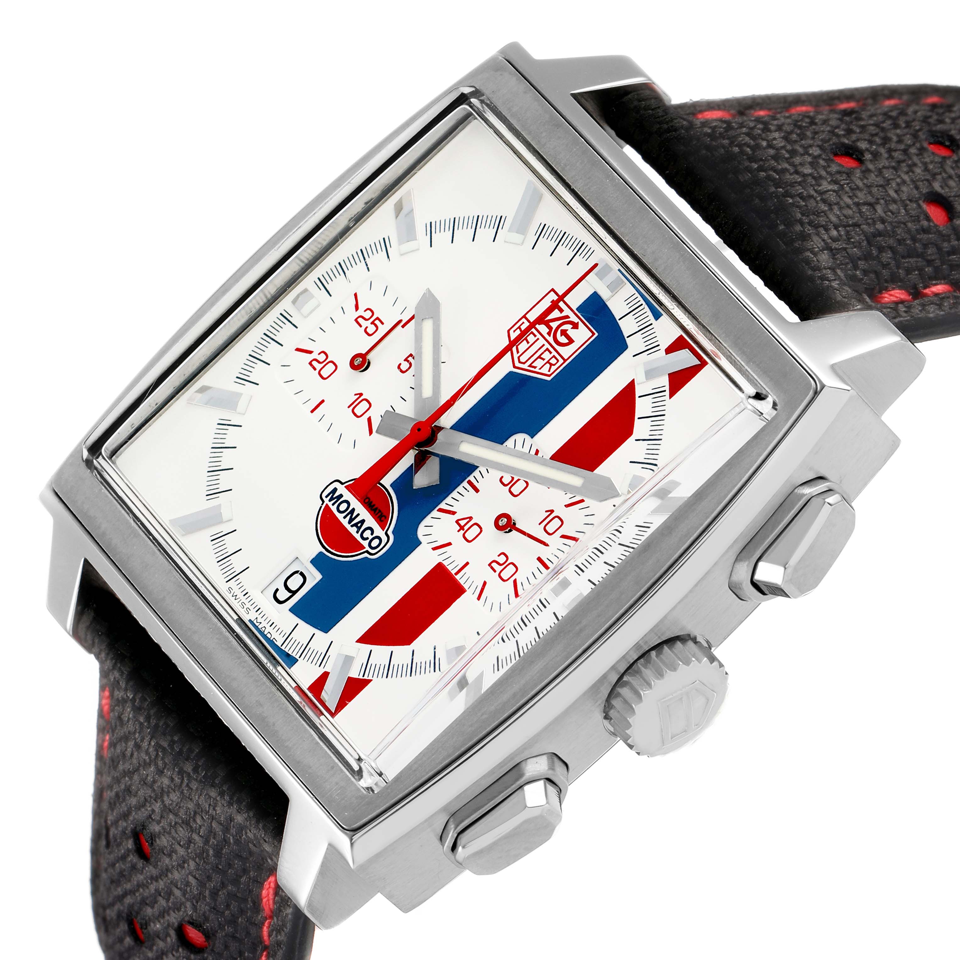 The Tag Heuer Monaco Limited Edition watch is shown at a slight angle, highlighting the face, case, and crown.