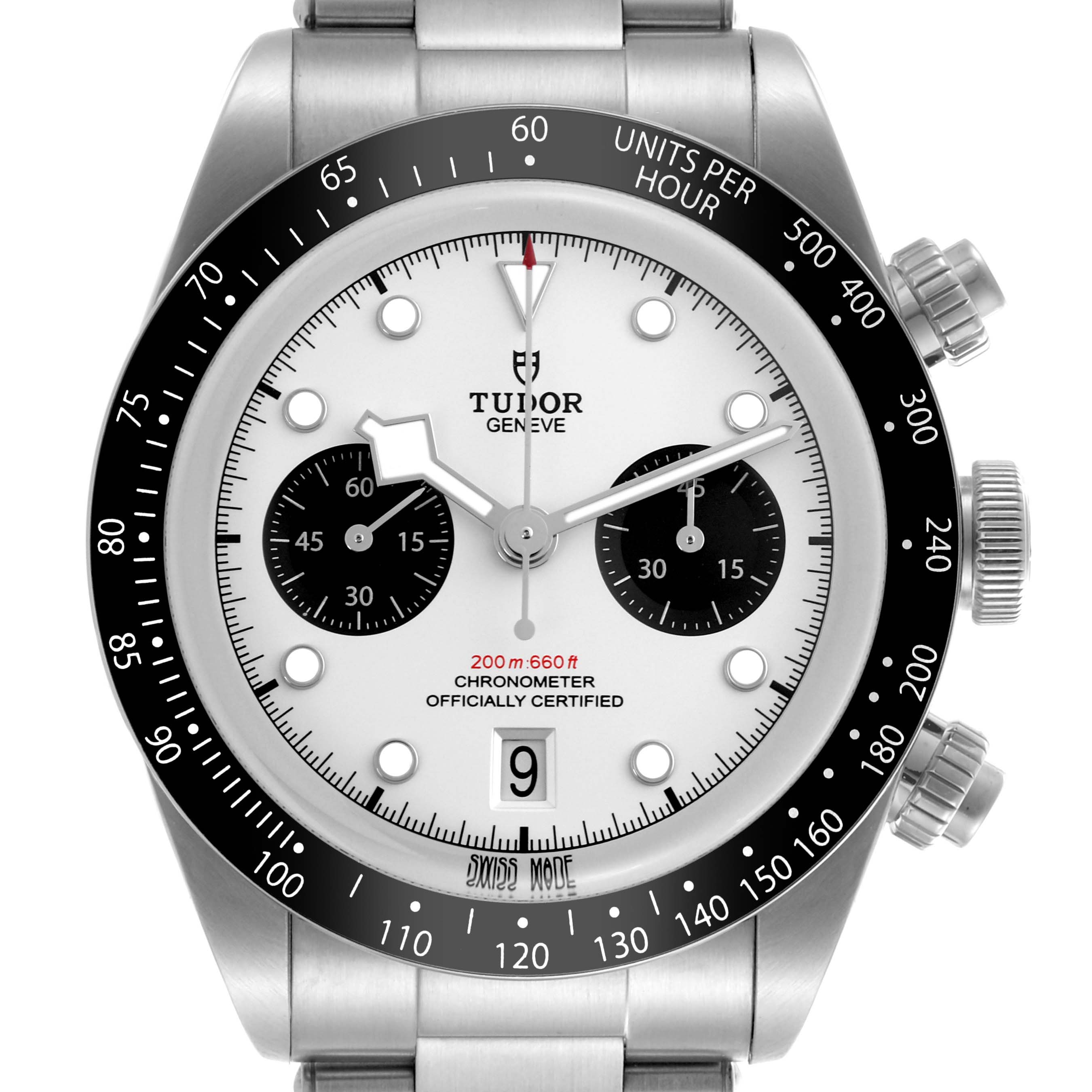 The Tudor Heritage Black Bay 79360N Men's Stainless Steel Silver Dial 79360N Men's Stainless Steel Silver Dial watch is shown from a front angle, displaying its dial, bezel, and pushers.