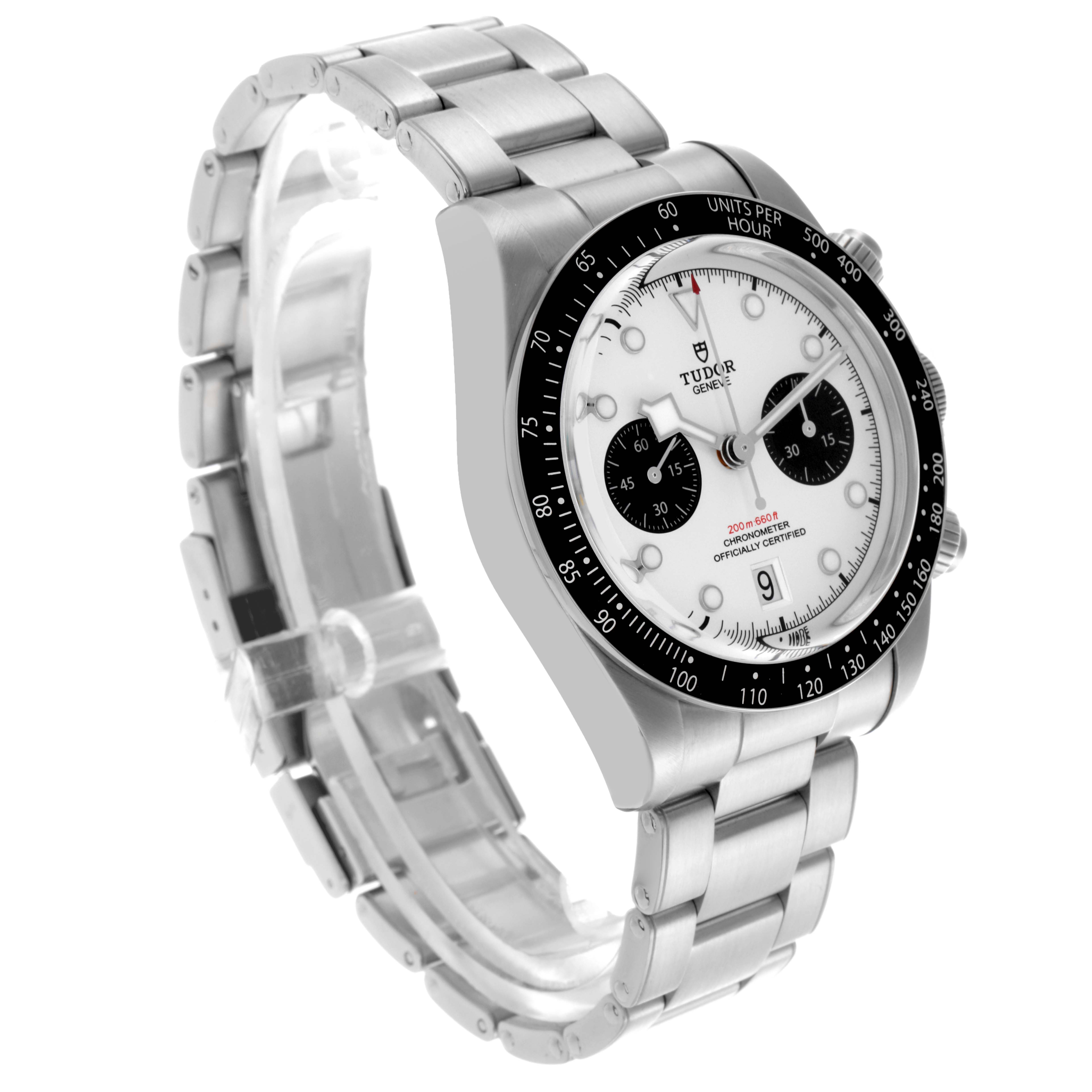 The Tudor Heritage Black Bay 79360N Men's Stainless Steel Silver Dial 79360N Men's Stainless Steel Silver Dial watch is shown at a slight angle, displaying its face, bezel, and stainless steel bracelet.