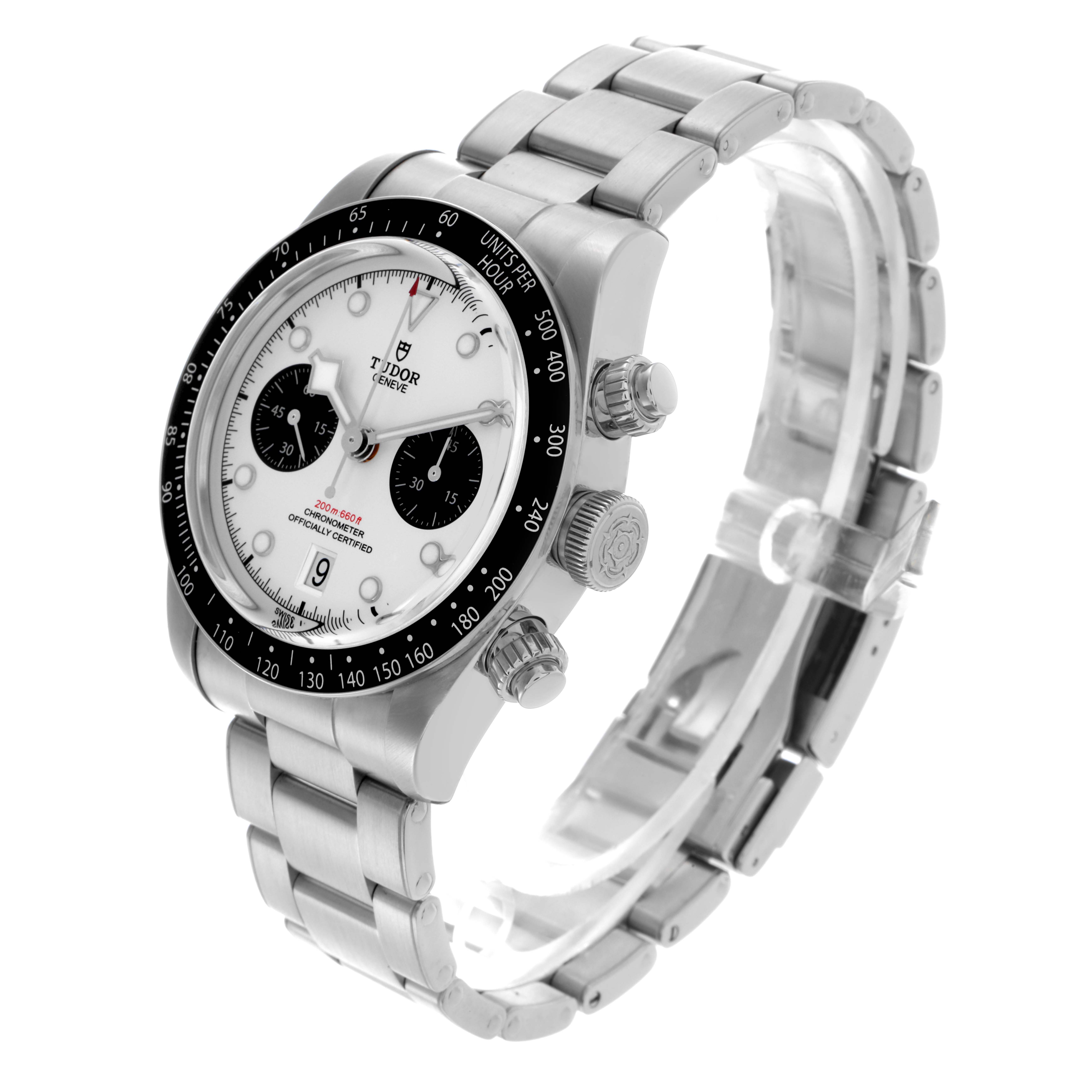 The Tudor Heritage Black Bay 79360N Men's Stainless Steel Silver Dial 79360N Men's Stainless Steel Silver Dial watch is shown at an angled view, highlighting the bezel, crown, pushers, and bracelet.