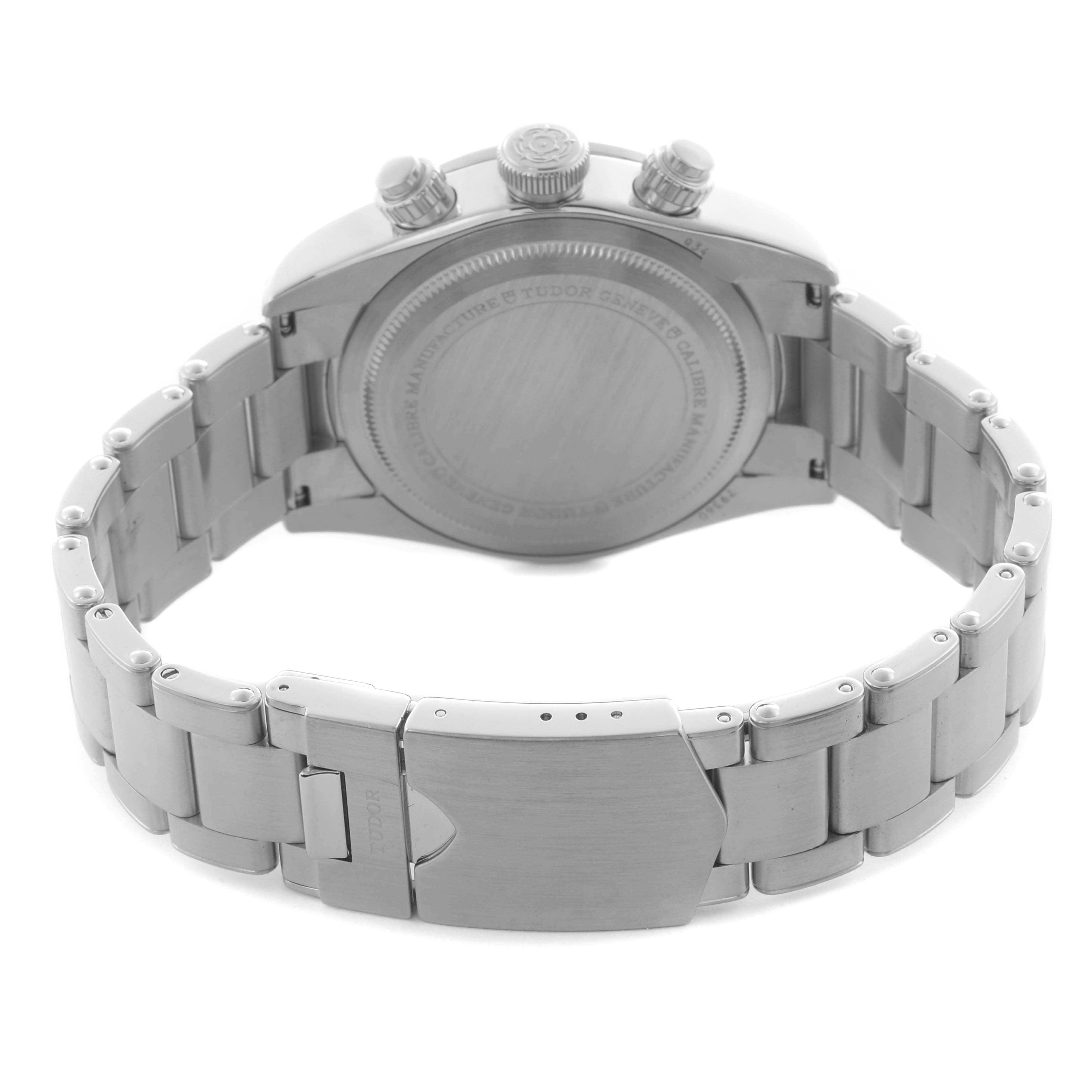 The image shows the back case, clasp, and bracelet of a Tudor Heritage Black Bay 79360N Men's Stainless Steel Silver Dial 79360N Men's Stainless Steel Silver Dial watch.