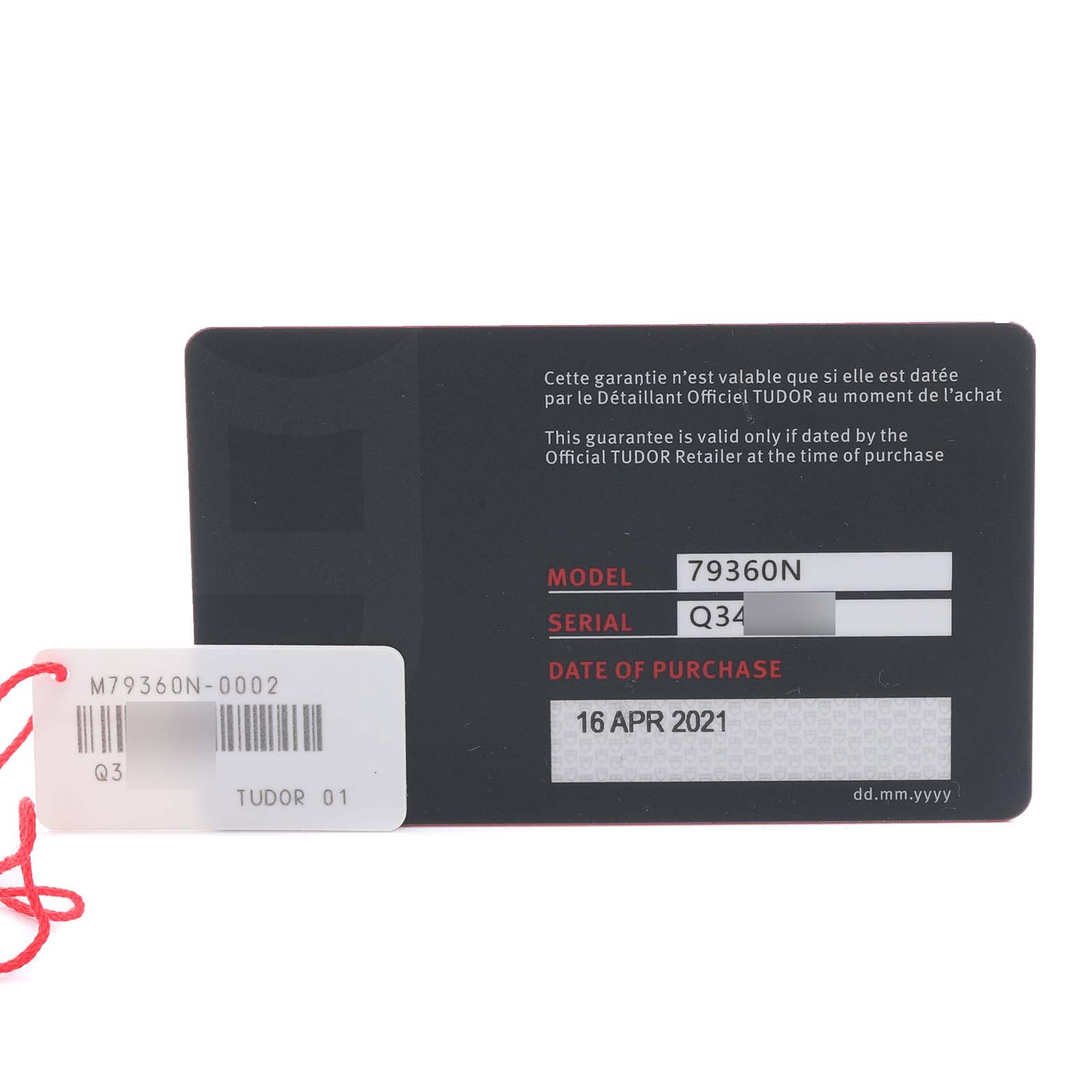 The image shows the warranty card for the Tudor Heritage Black Bay 79360N Men's Stainless Steel Silver Dial 79360N Men's Stainless Steel Silver Dial watch, displaying model number, serial, and purchase date.