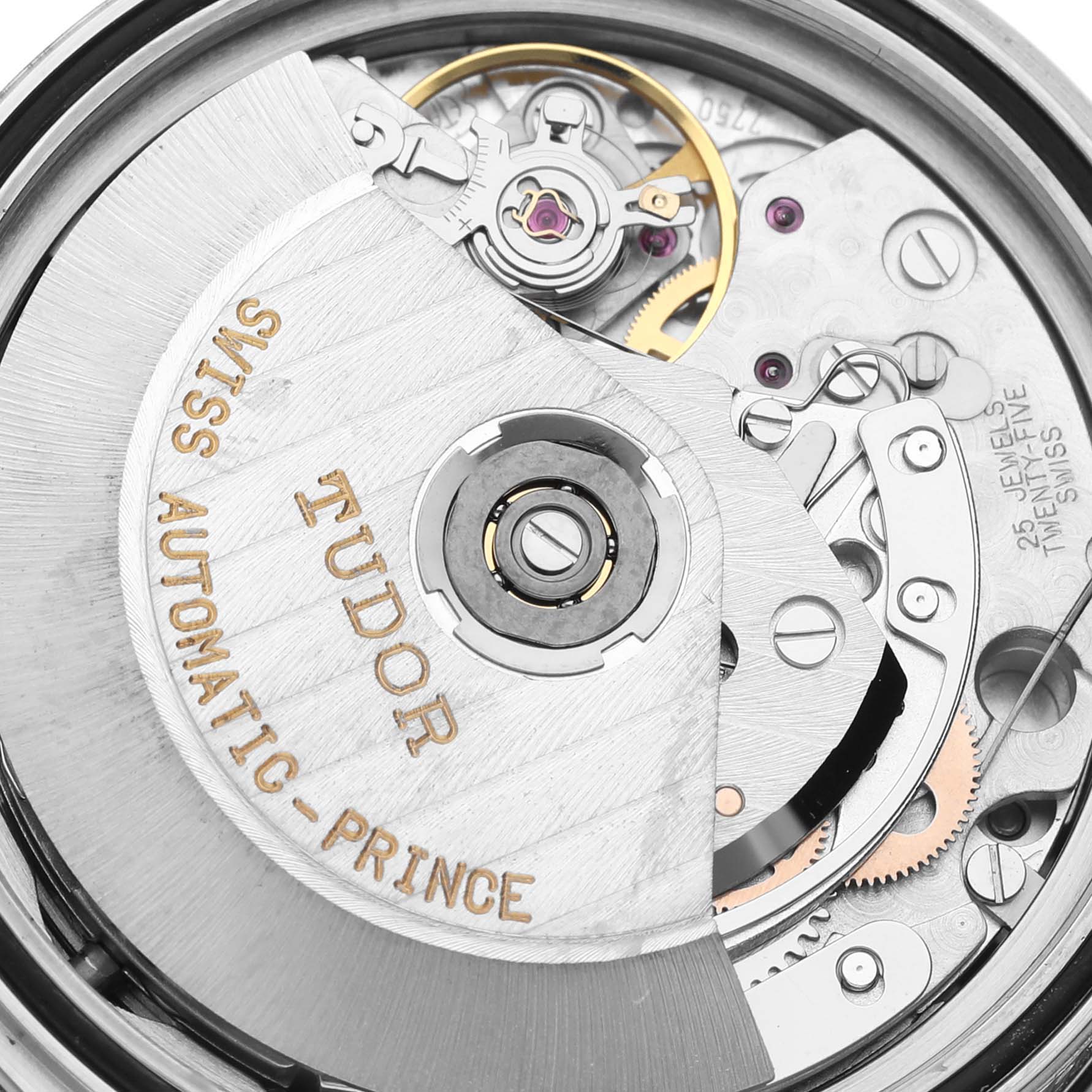 The image shows the intricate inner workings and rotor of the Tudor Tiger 79280 Men's Stainless Steel Red Dial 79280 Men's Stainless Steel Red Dial model watch from a close-up angle.