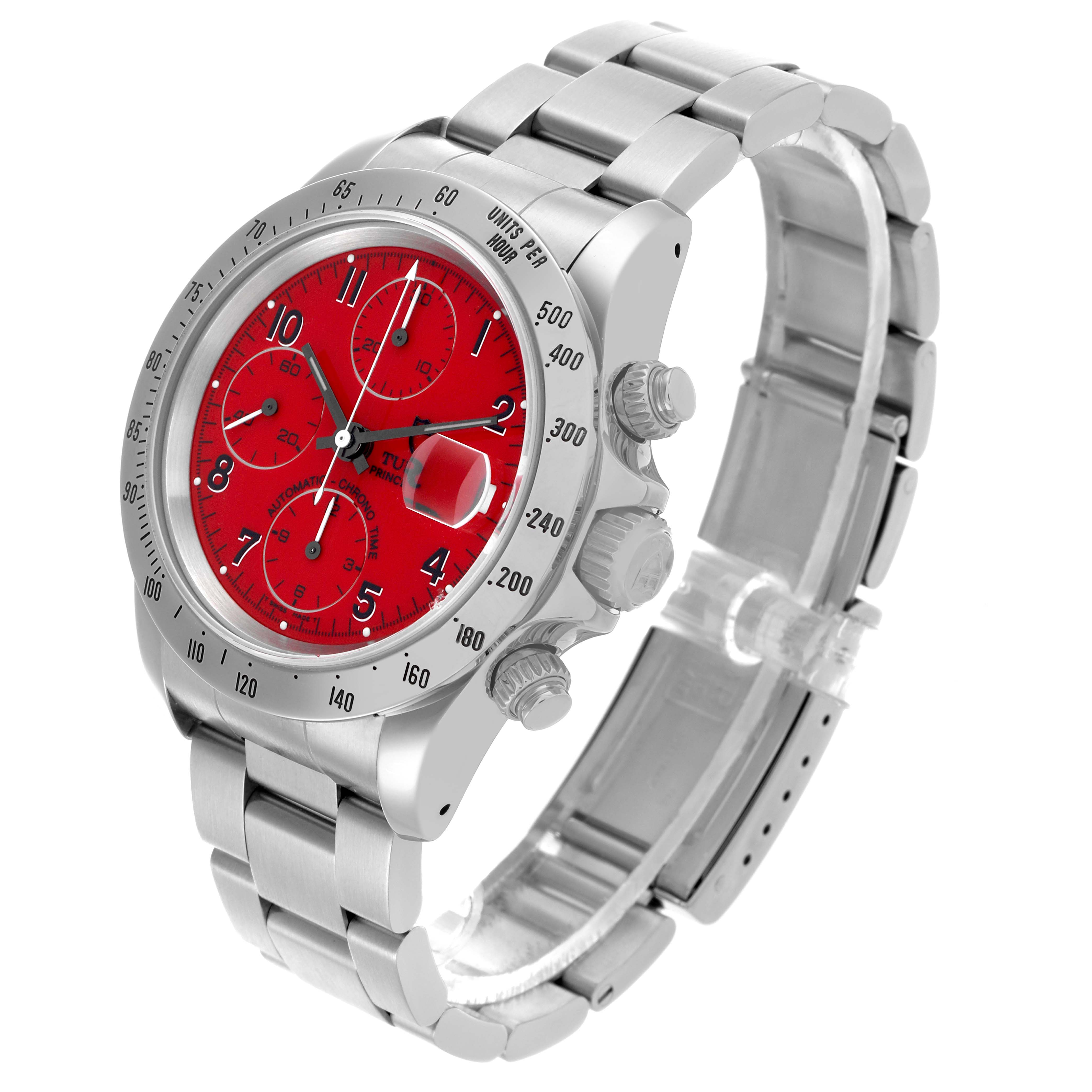 The Tudor Tiger 79280 Men's Stainless Steel Red Dial 79280 Men's Stainless Steel Red Dial model watch is shown at a three-quarter angle, highlighting the red dial, bezel, bracelet, and side pushers.