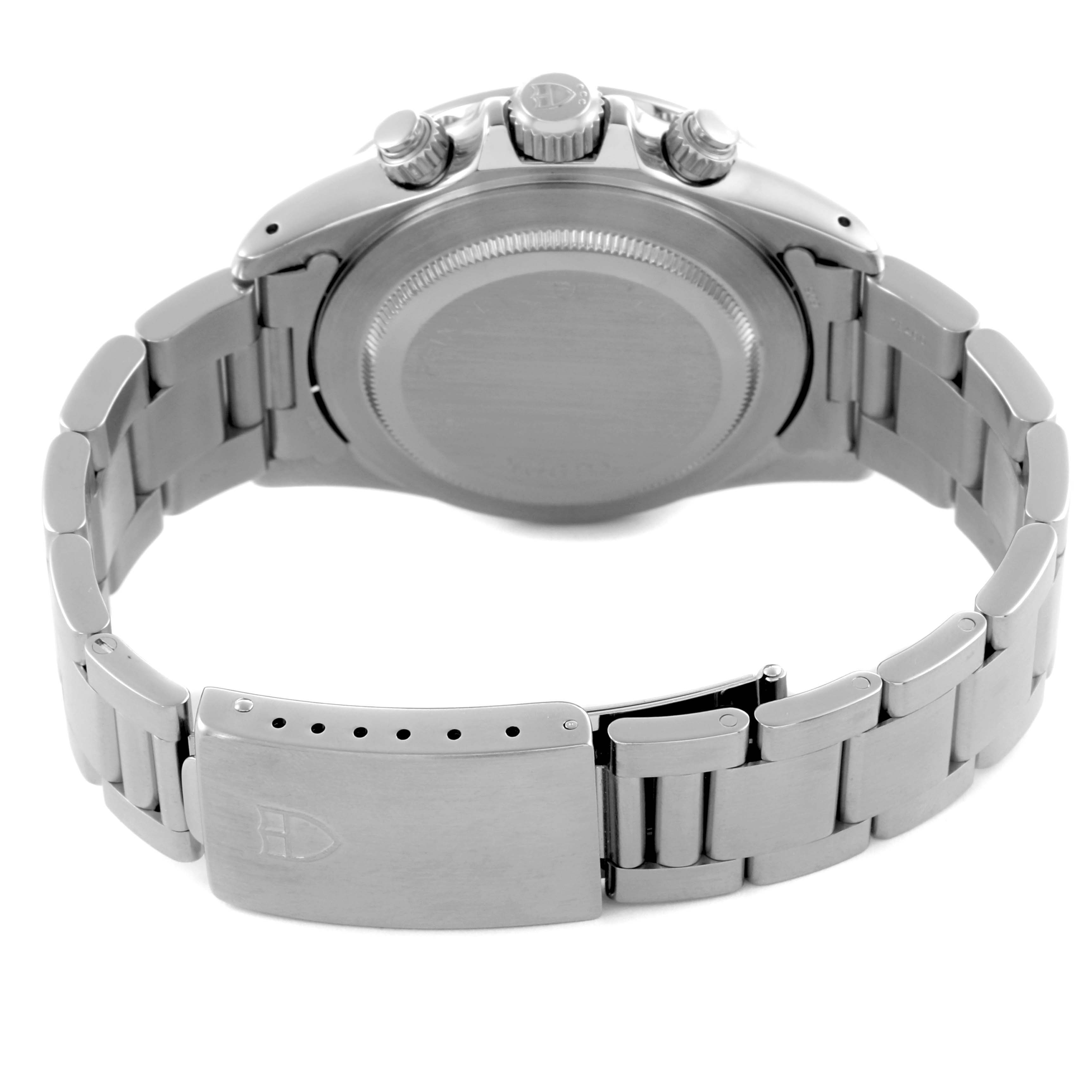 The image shows the back view of the Tudor Tiger 79280 Men's Stainless Steel Red Dial 79280 Men's Stainless Steel Red Dial watch, highlighting the clasp and metal bracelet.