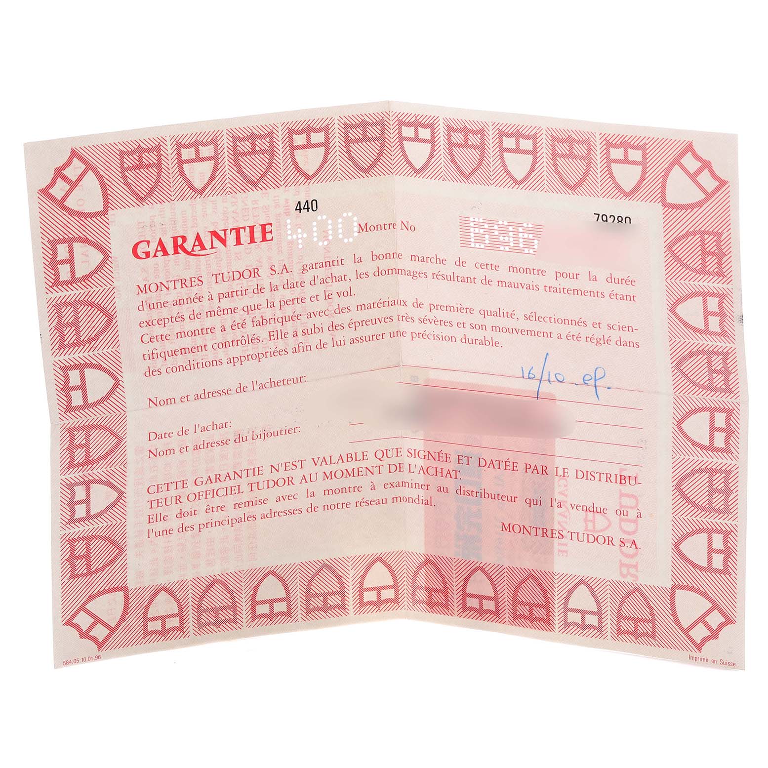 The image shows a Tudor Tiger 79280 Men's Stainless Steel Red Dial 79280 Men's Stainless Steel Red Dial model warranty paper, featuring a red bordered design with the brand's logo.