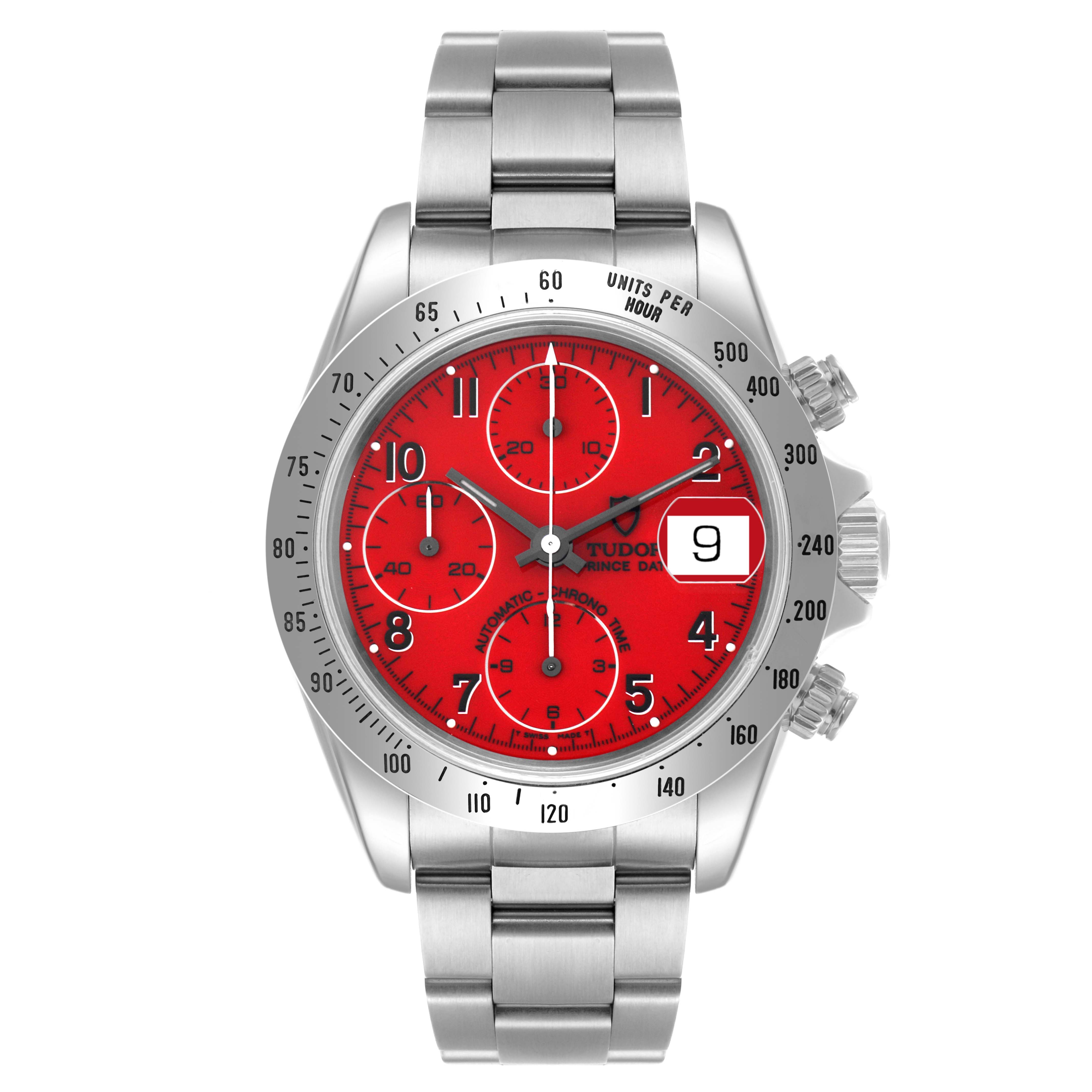 The Tudor Tiger 79280 Men's Stainless Steel Red Dial 79280 Men's Stainless Steel Red Dial model watch is shown from a front angle, featuring a red dial, chronograph subdials, and a date window.