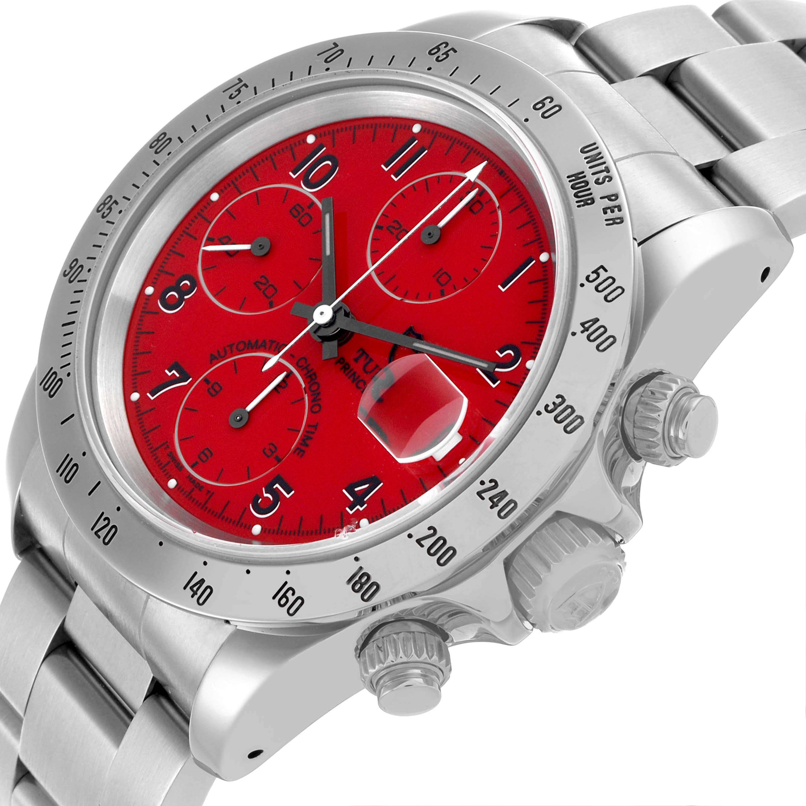 The Tudor Tiger 79280 Men's Stainless Steel Red Dial 79280 Men's Stainless Steel Red Dial watch is shown at an angle highlighting its red dial, bezel, crown, pushers, and part of its bracelet.