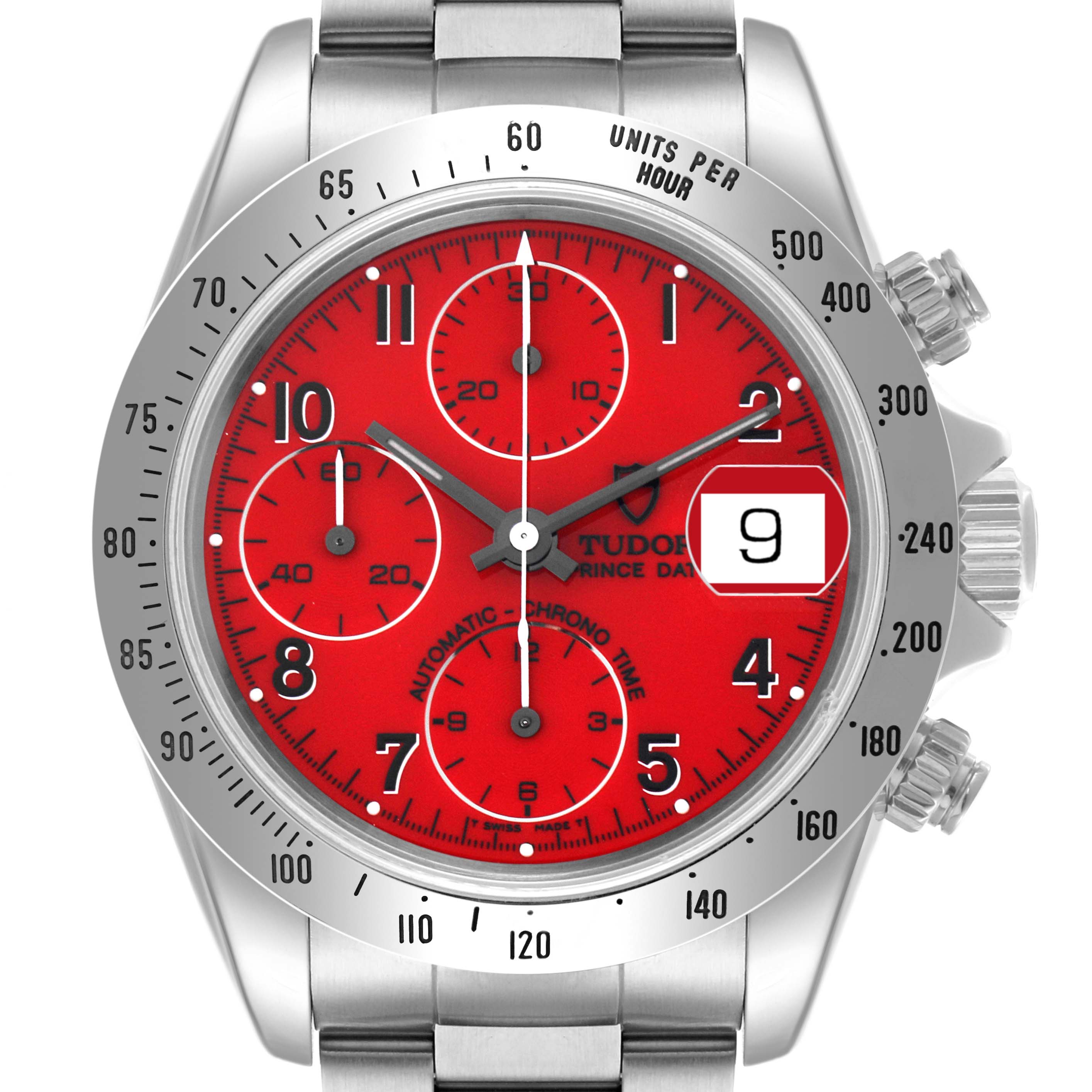 The Tudor Tiger 79280 Men's Stainless Steel Red Dial 79280 Men's Stainless Steel Red Dial watch is shown from the front, highlighting its red dial, chronograph subdials, date window, and bezel markings.